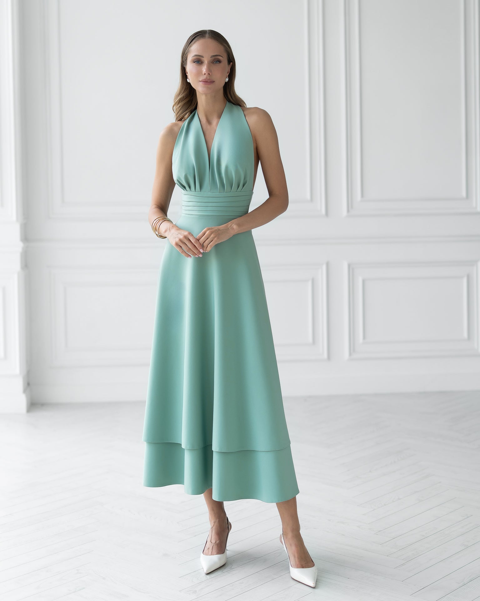 Adriana Olive Open-Back Halter-Neck Midi Dress