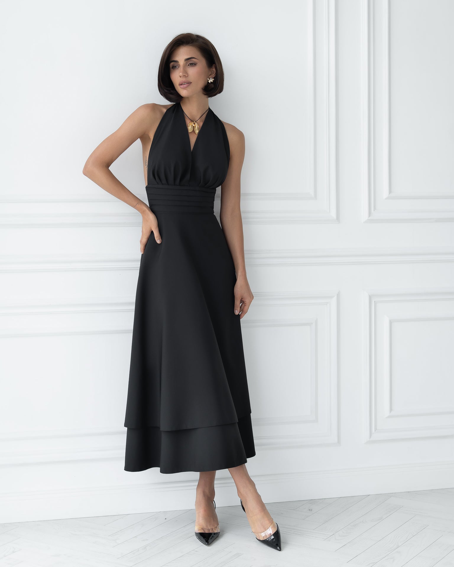 Adriana Black Open-Back Halter-Neck Midi Dress