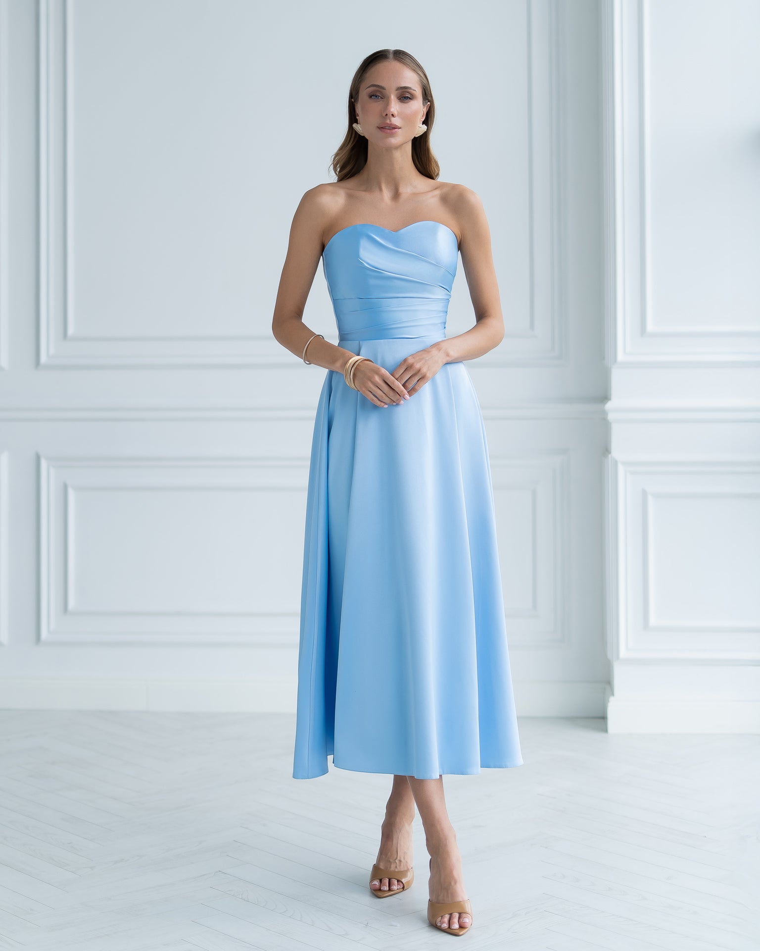 Chiara Sky-Blue Satin Strapless Sweetheart Draped Midi Dress