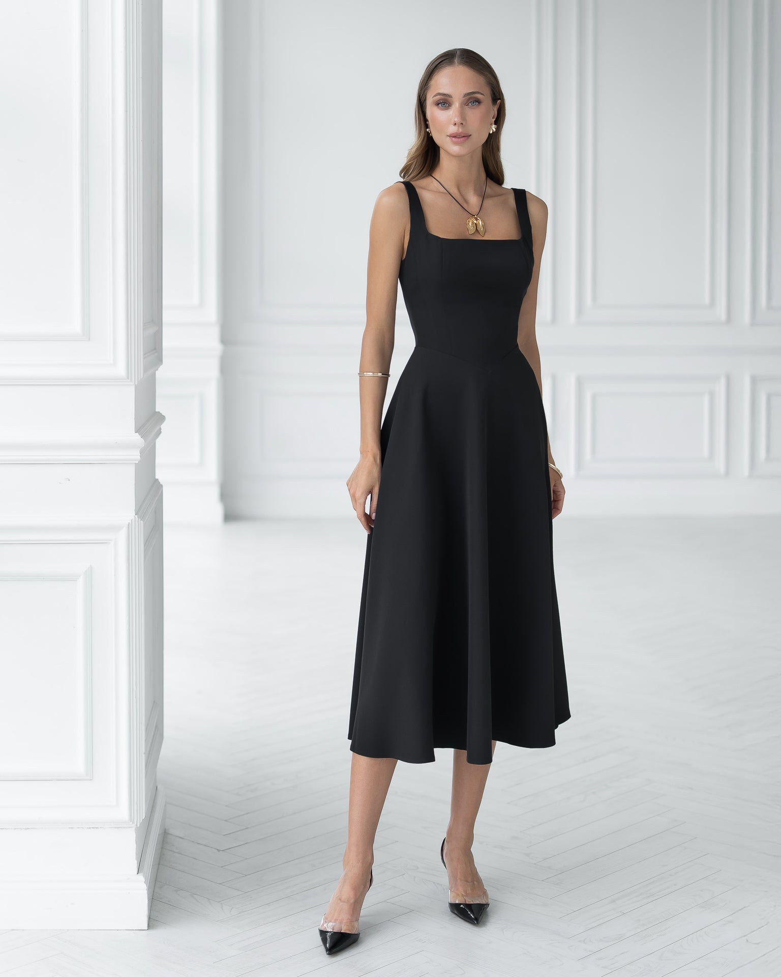 Adriana Black Square Neck Backless Midi Dress
