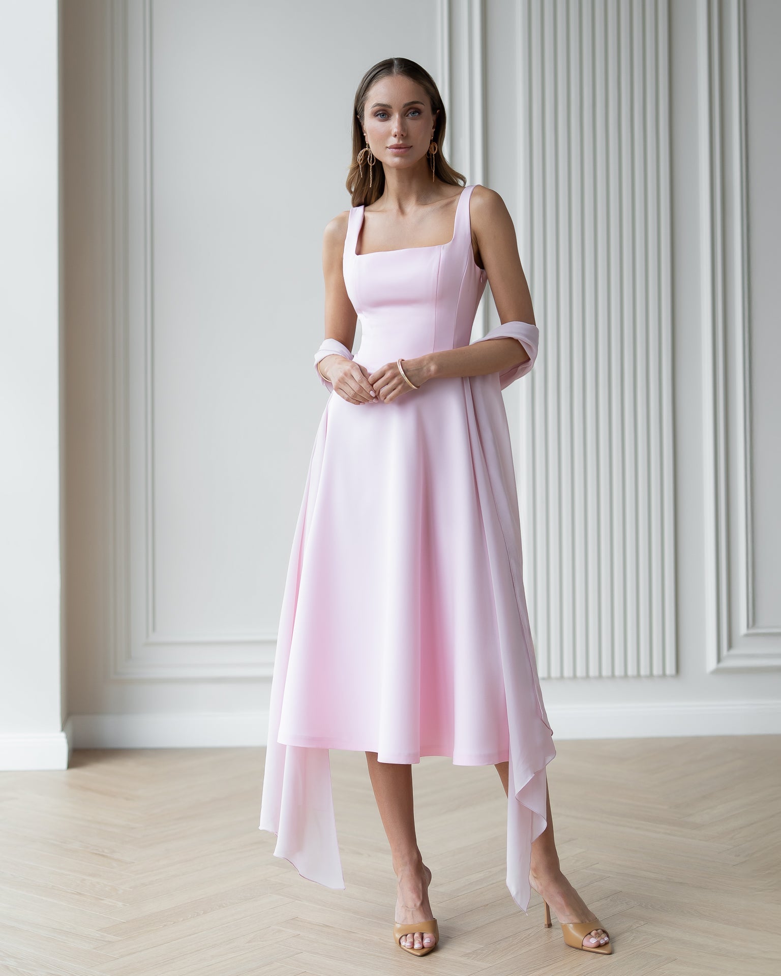 Adriana Dusty-Pink Square Neck Backless Midi Dress
