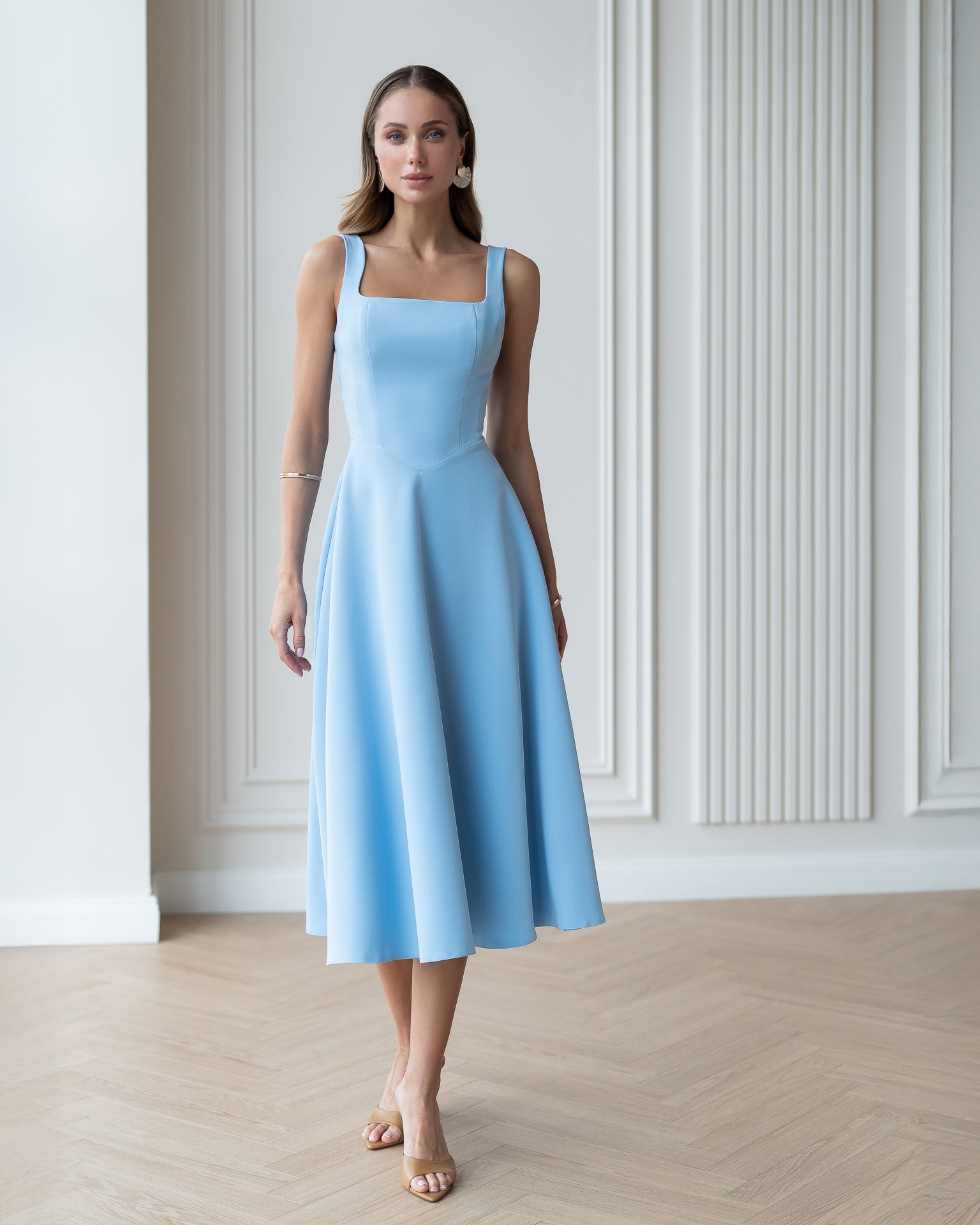 Adriana Sky-Blue Square Neck Backless Midi Dress