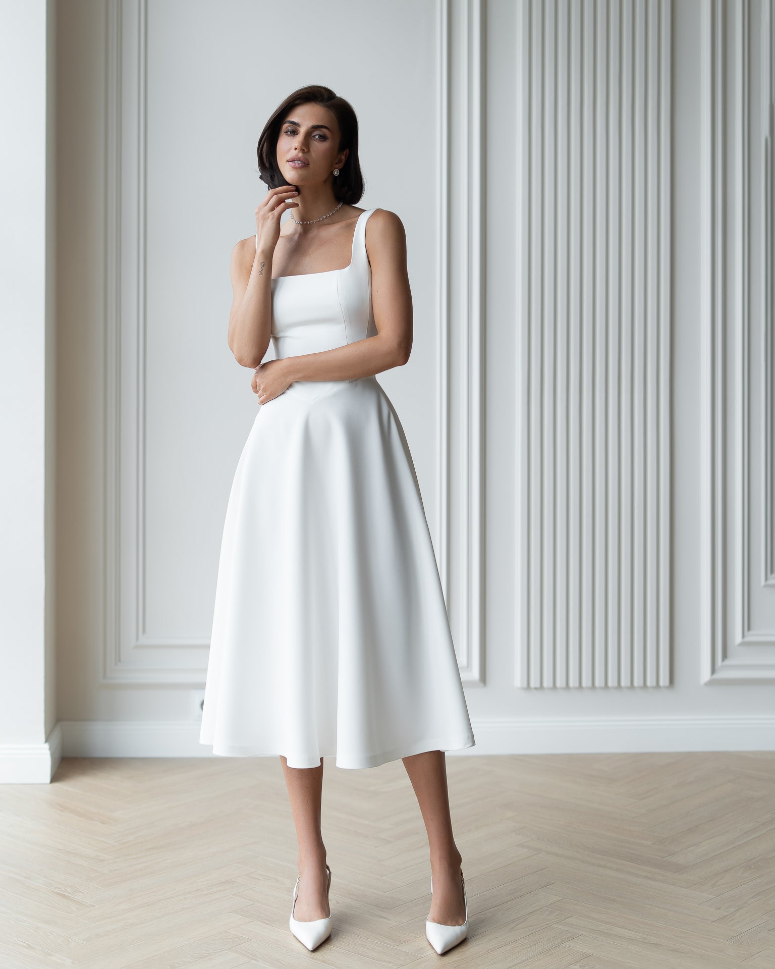 Adriana White Square Neck Backless Midi Dress