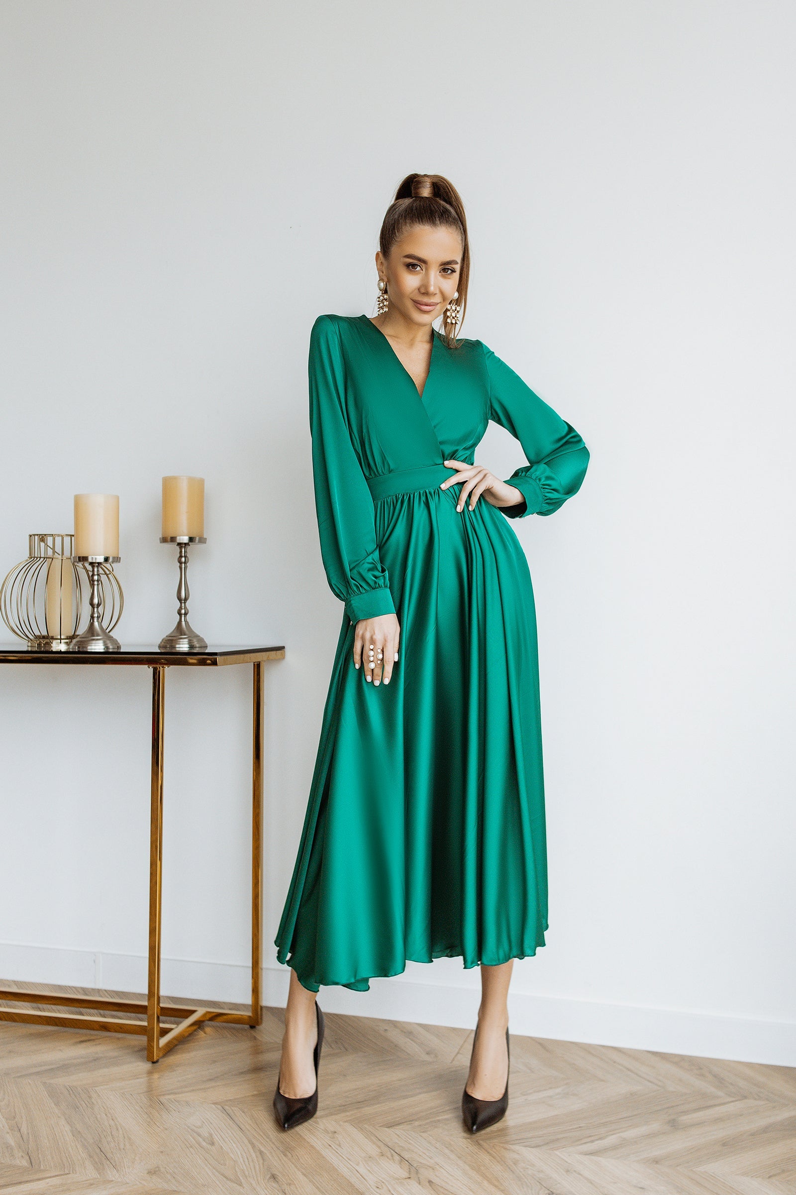 Adriana Emerald Faux Silk Puffed Sleeve Maxi Dress