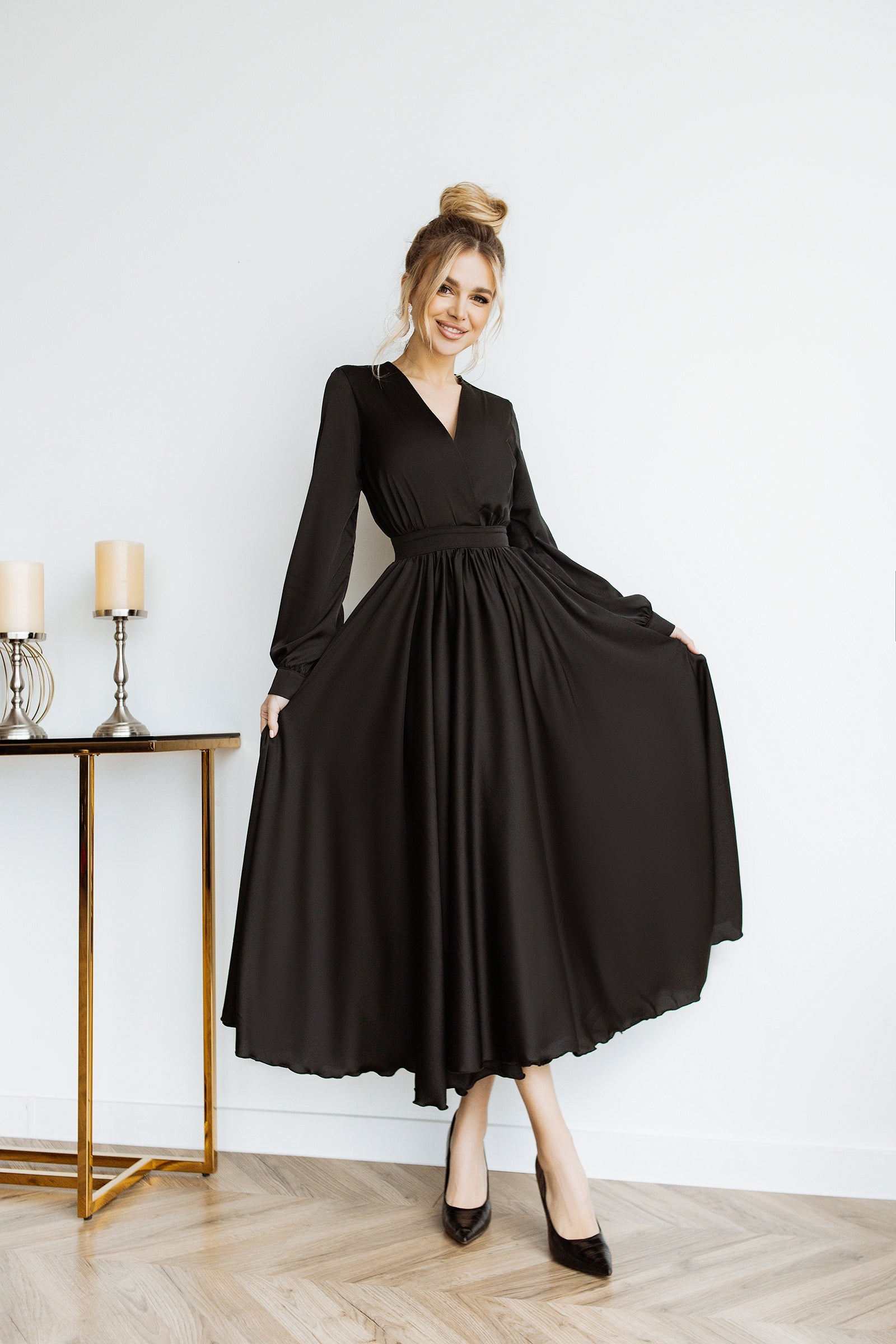 Adriana Black Faux Silk Puffed Sleeve Maxi Dress