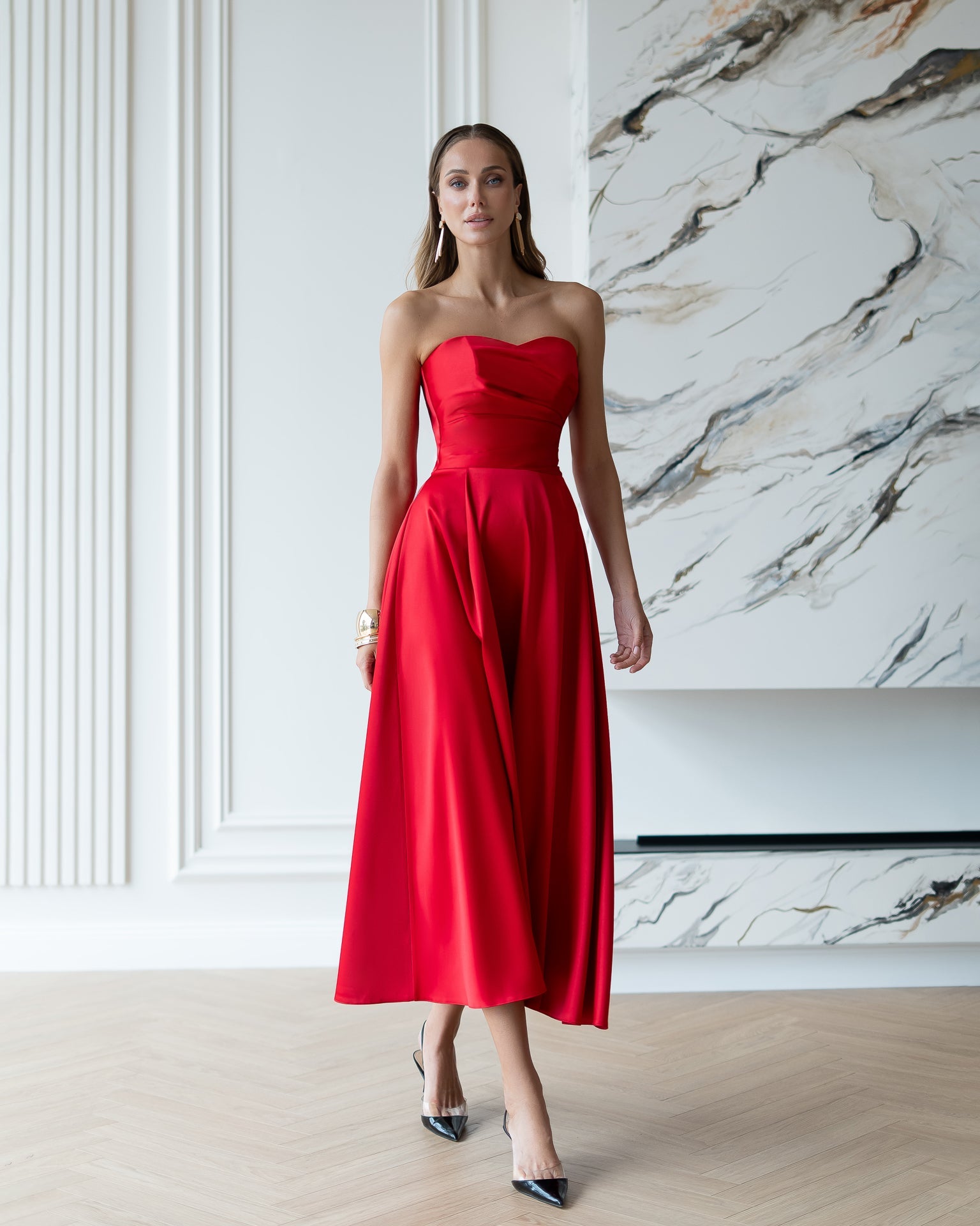 Chiara Red Satin Strapless Sweetheart Draped Midi Dress