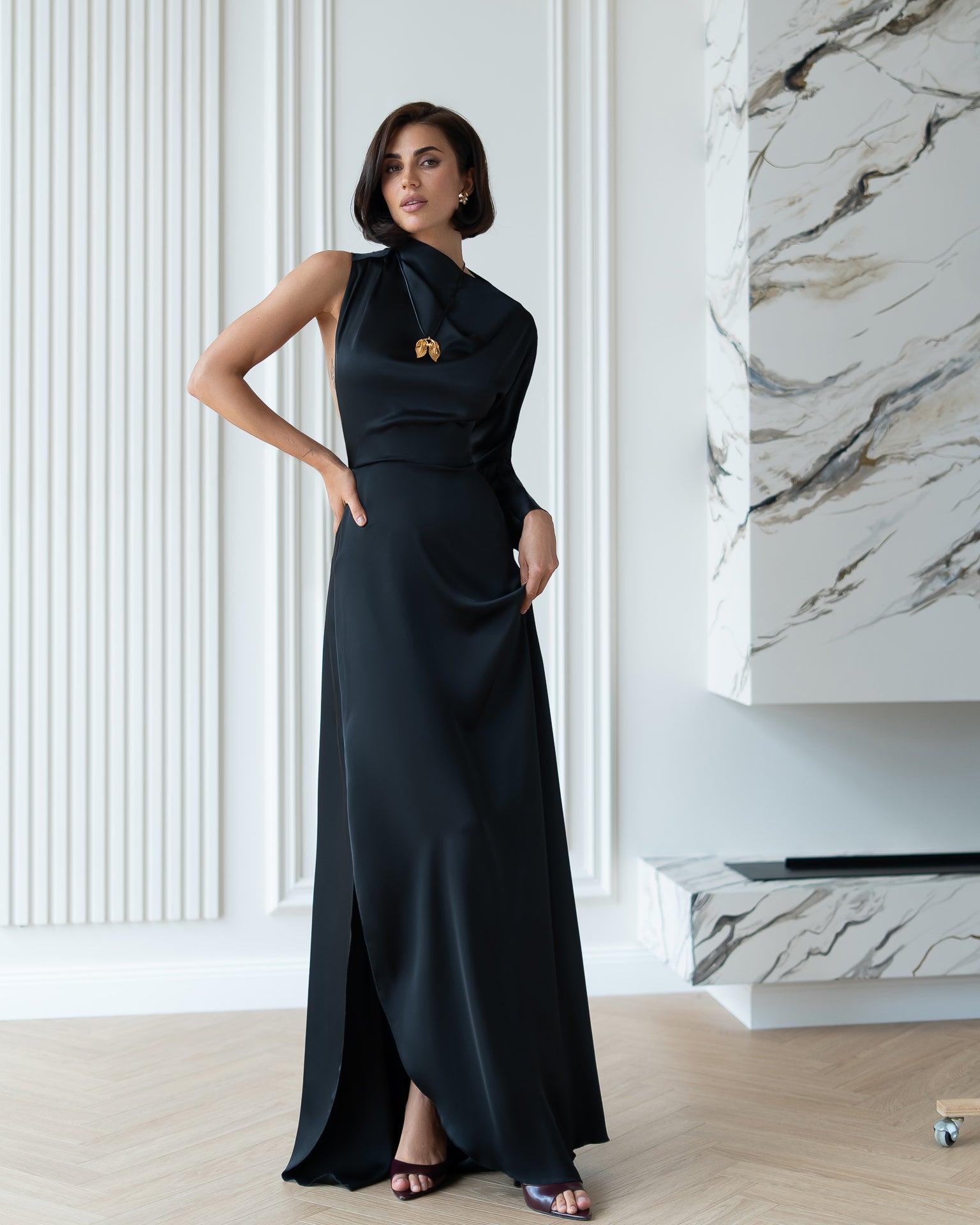 Aurora Black Satin One-Shoulder Draped Neck Maxi Dress
