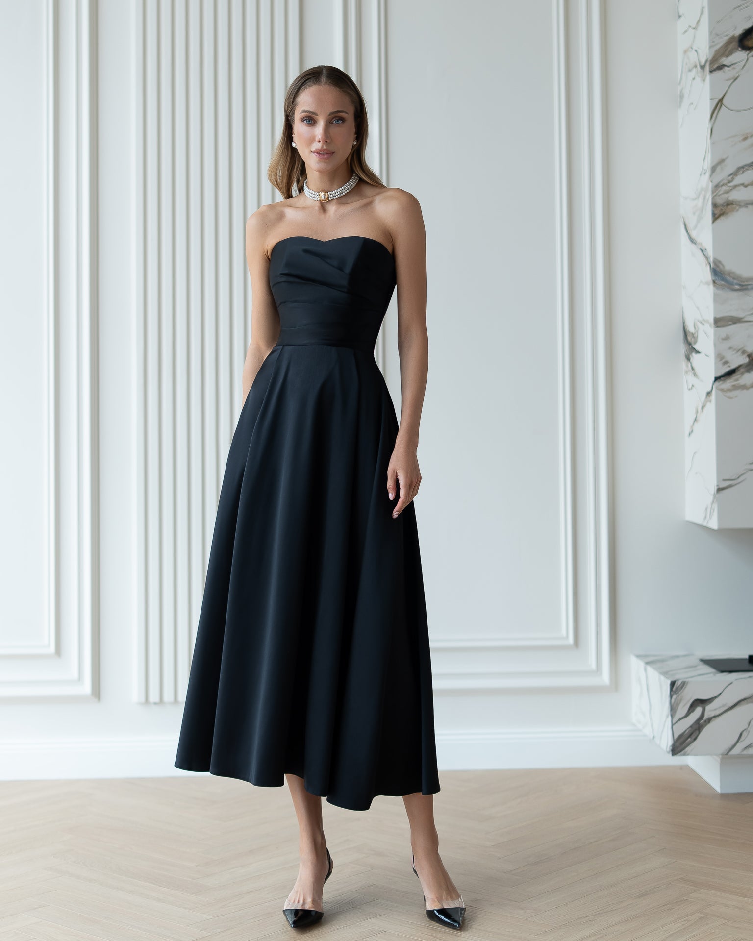 Chiara Black Satin Strapless Sweetheart Draped Midi Dress