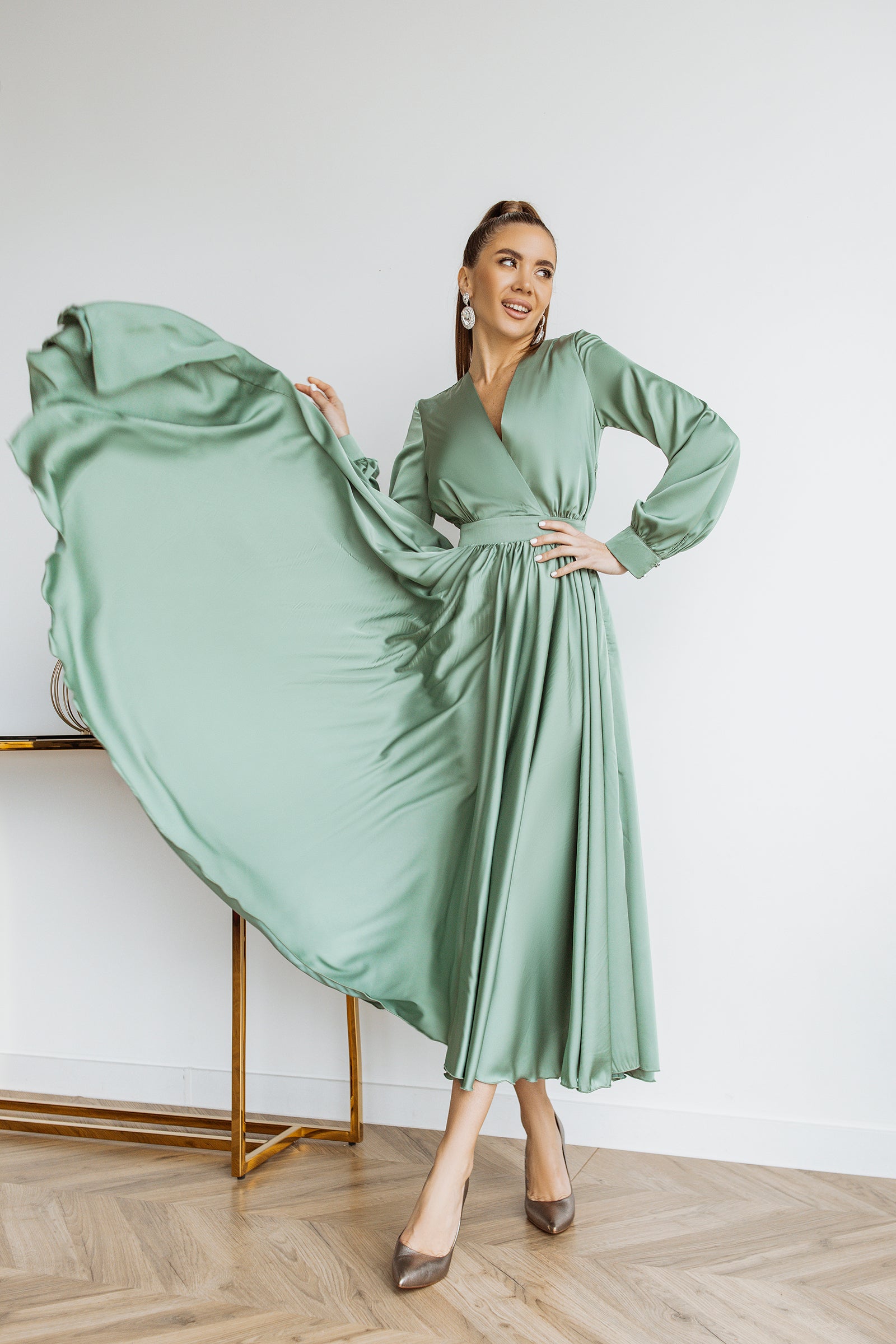 Adriana Olive Faux Silk Puffed Sleeve Maxi Dress