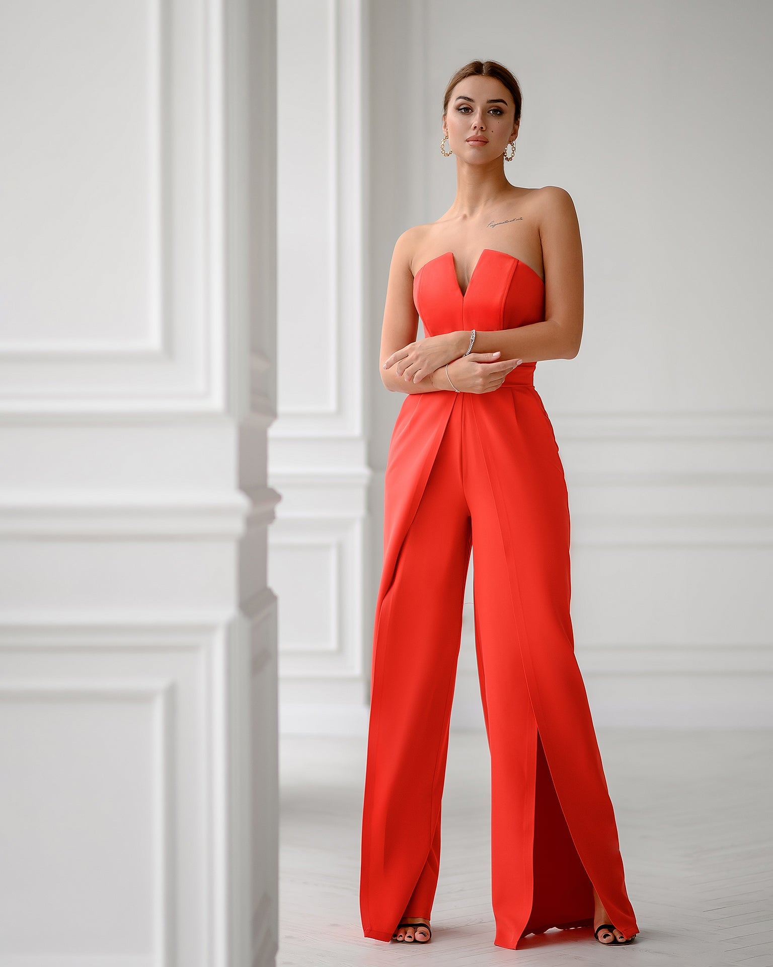 Adriana Coral Strapless V-Neck Culotte Jumpsuit