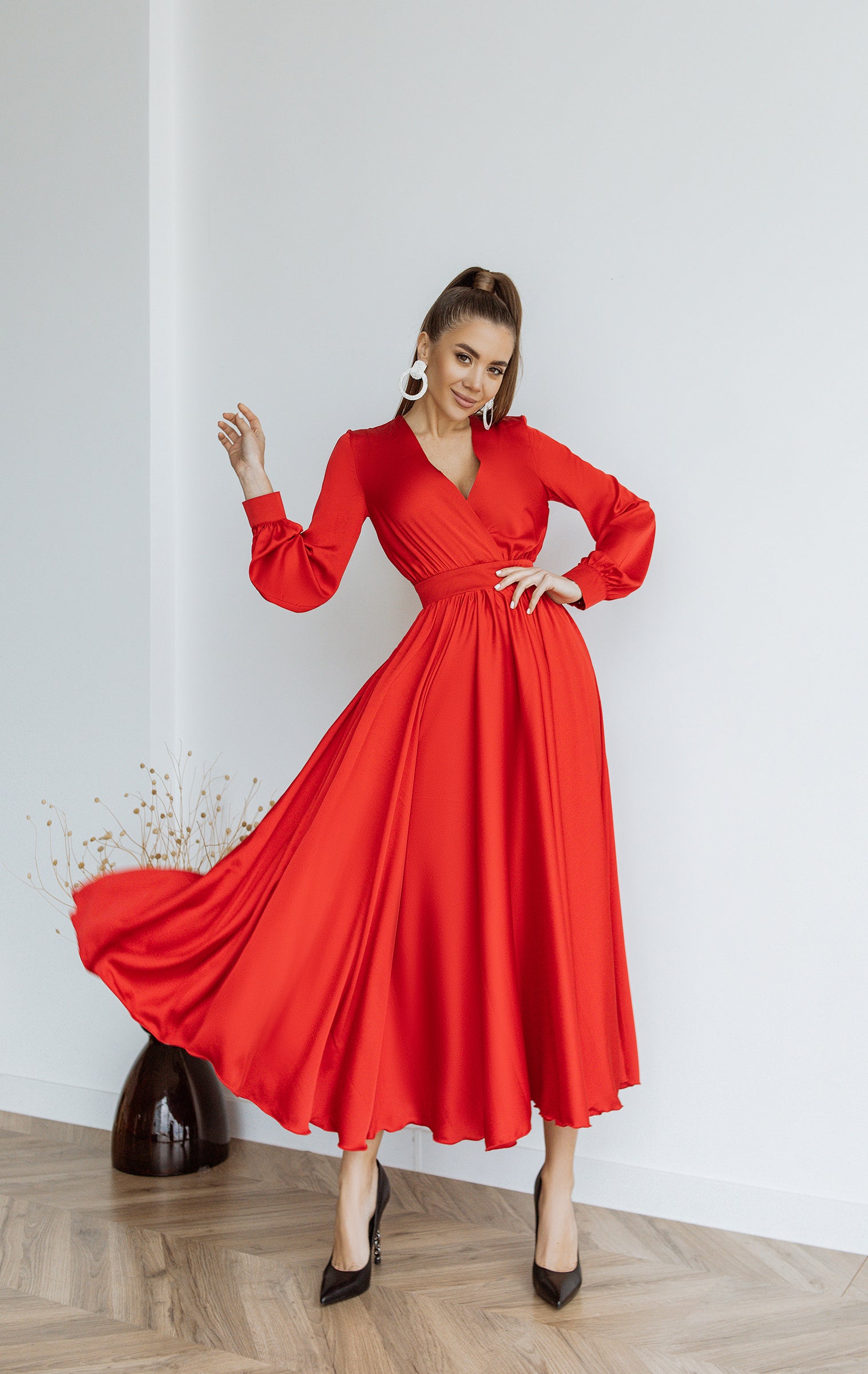 Adriana Red Faux Silk Puffed Sleeve Maxi Dress