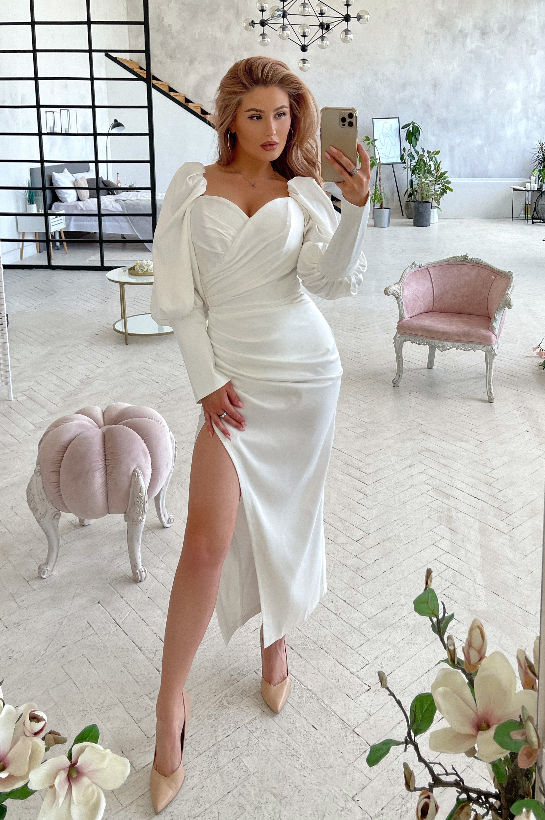 Adriana White Satin Puff-Sleeve Sweetheart Midi Dress