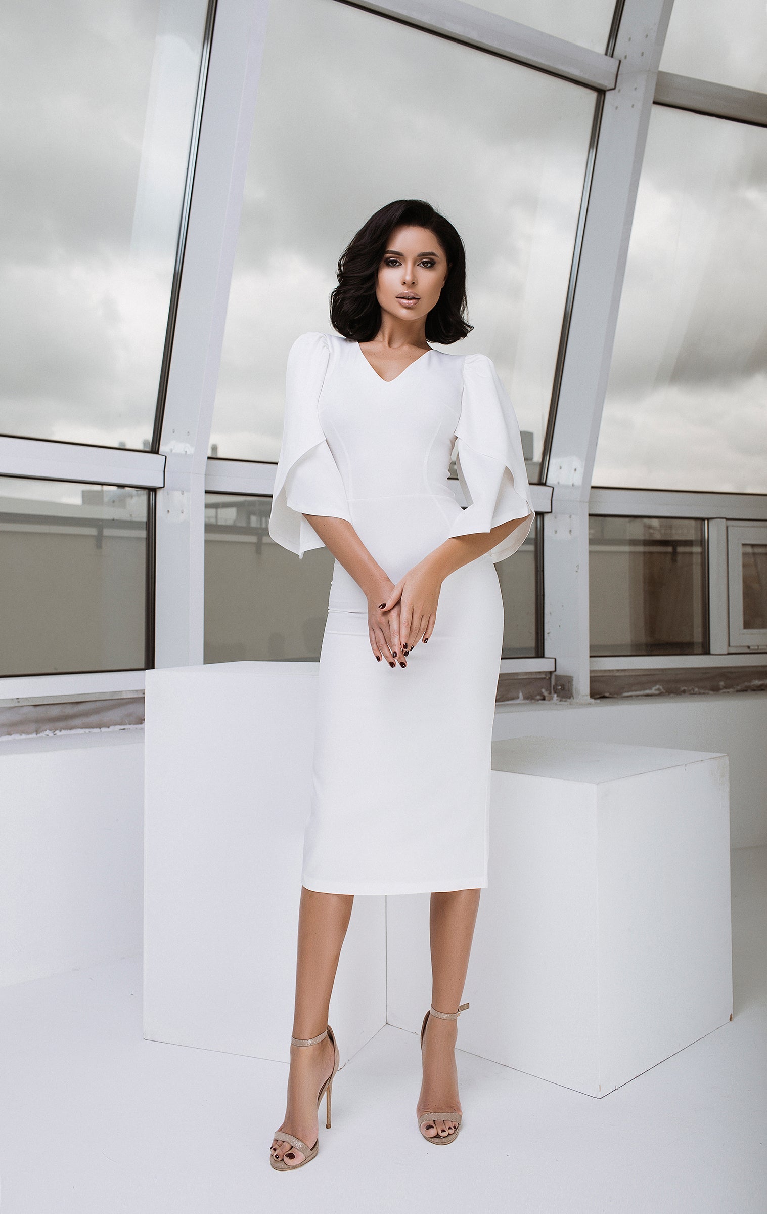 Francesca White V-Neck Bell-Sleeve Midi Dress