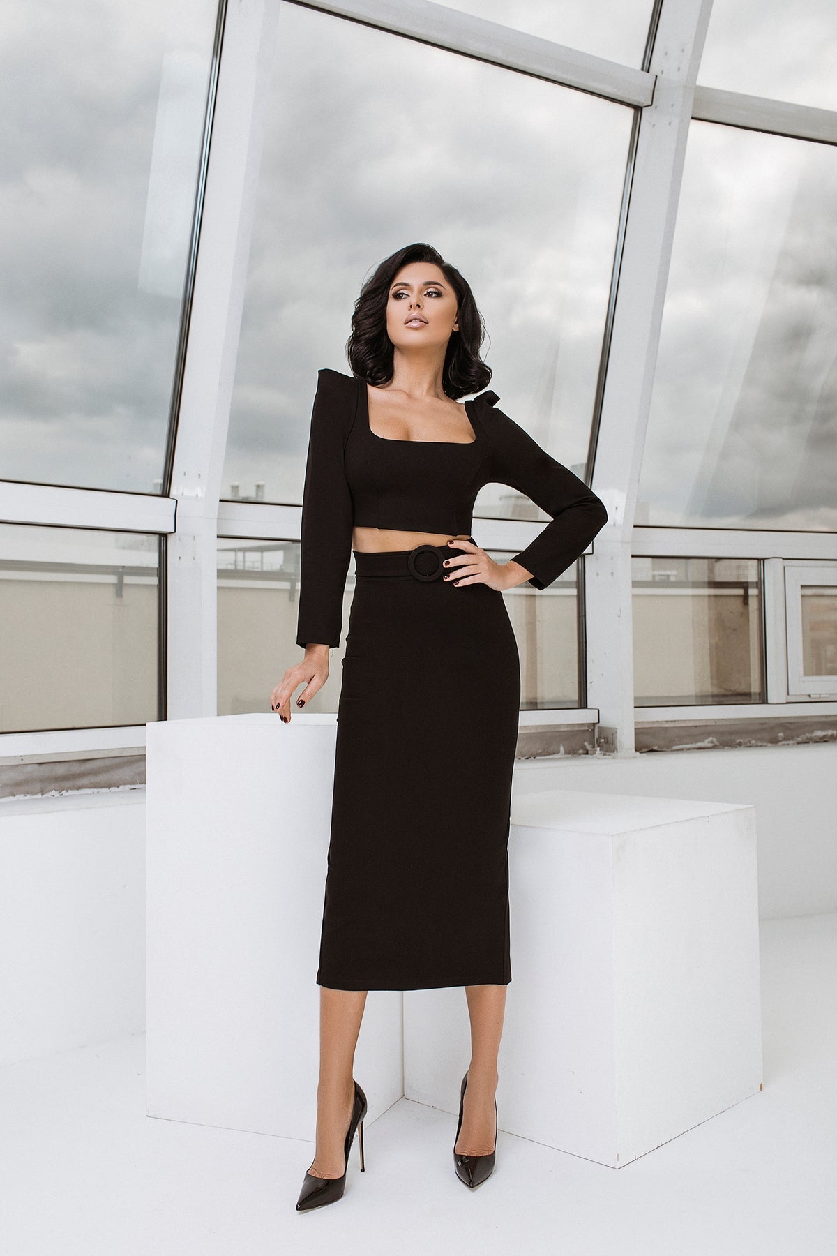 Adriana Black Long Sleeve Top & Maxi Skirt Two-Piece Set