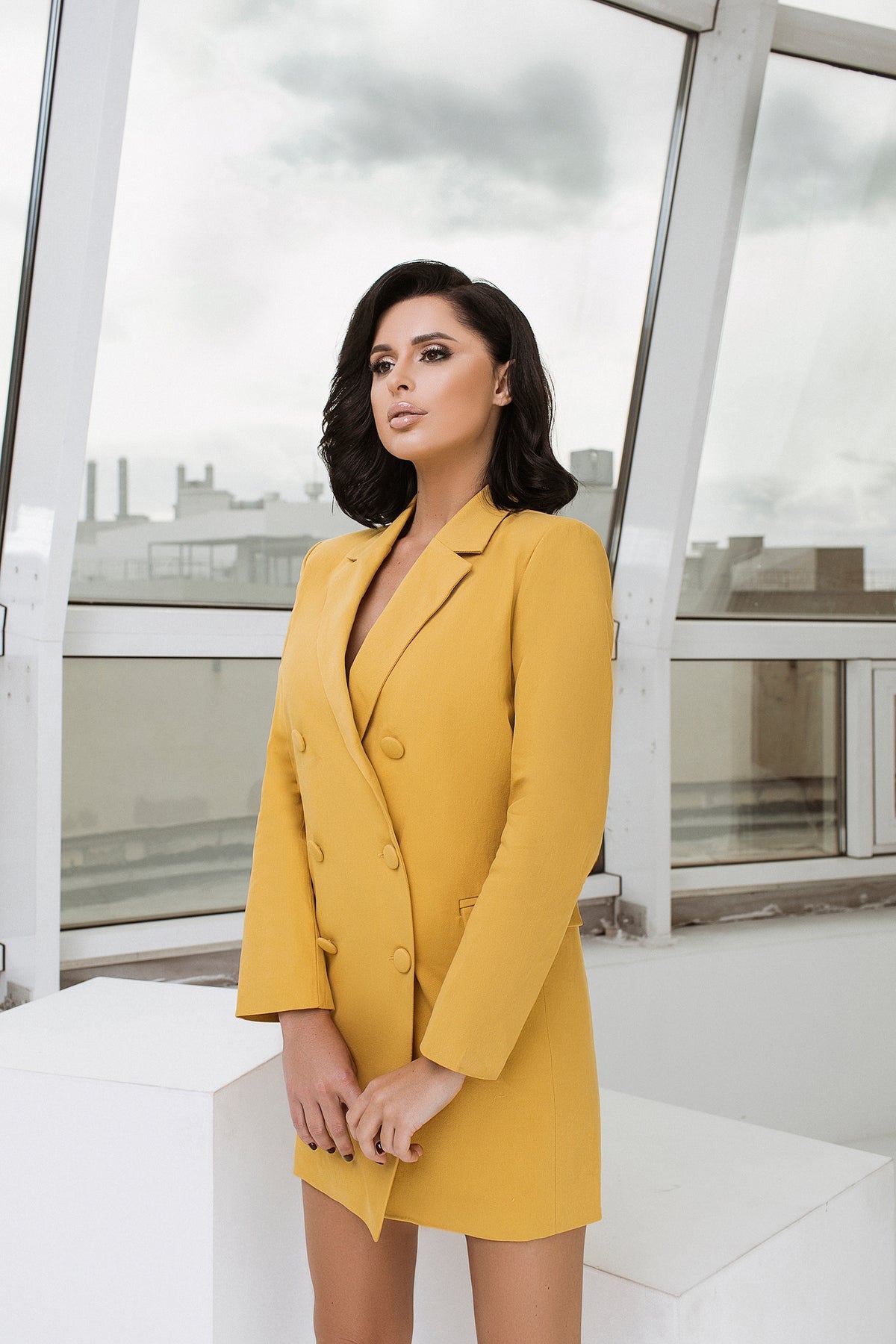 Beatrice Mustard Double-Breasted Denim Blazer Dress