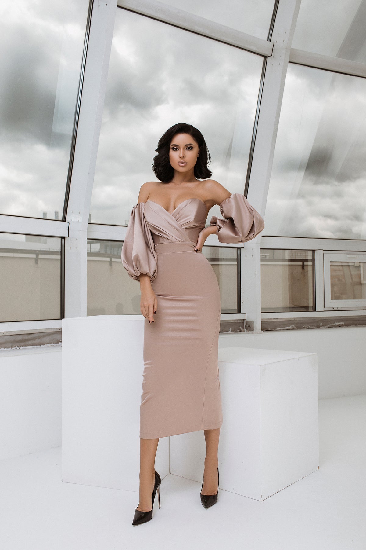 Aurora Beige Puff Sleeve Satin Midi Dress