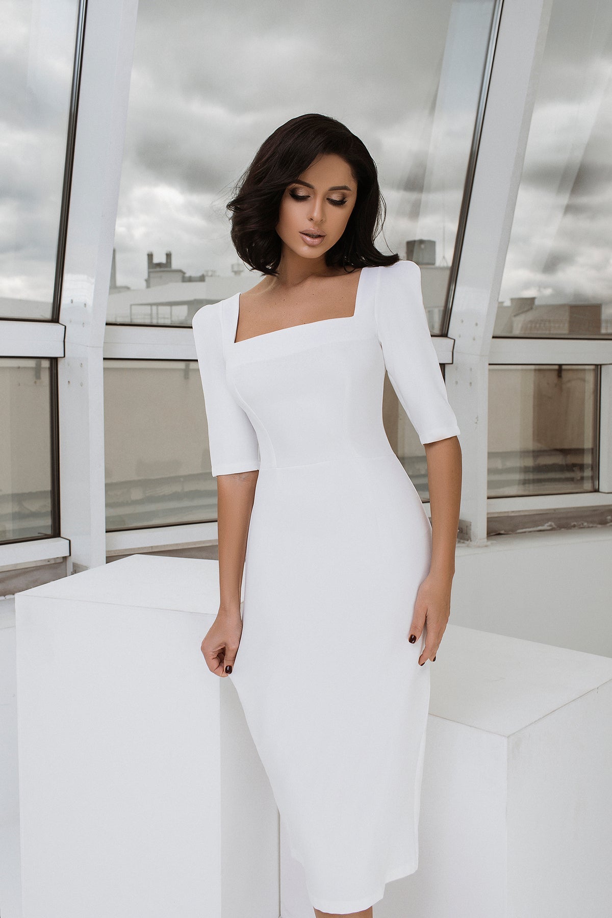 Francesca White Square Neckline Crepe Midi Dress