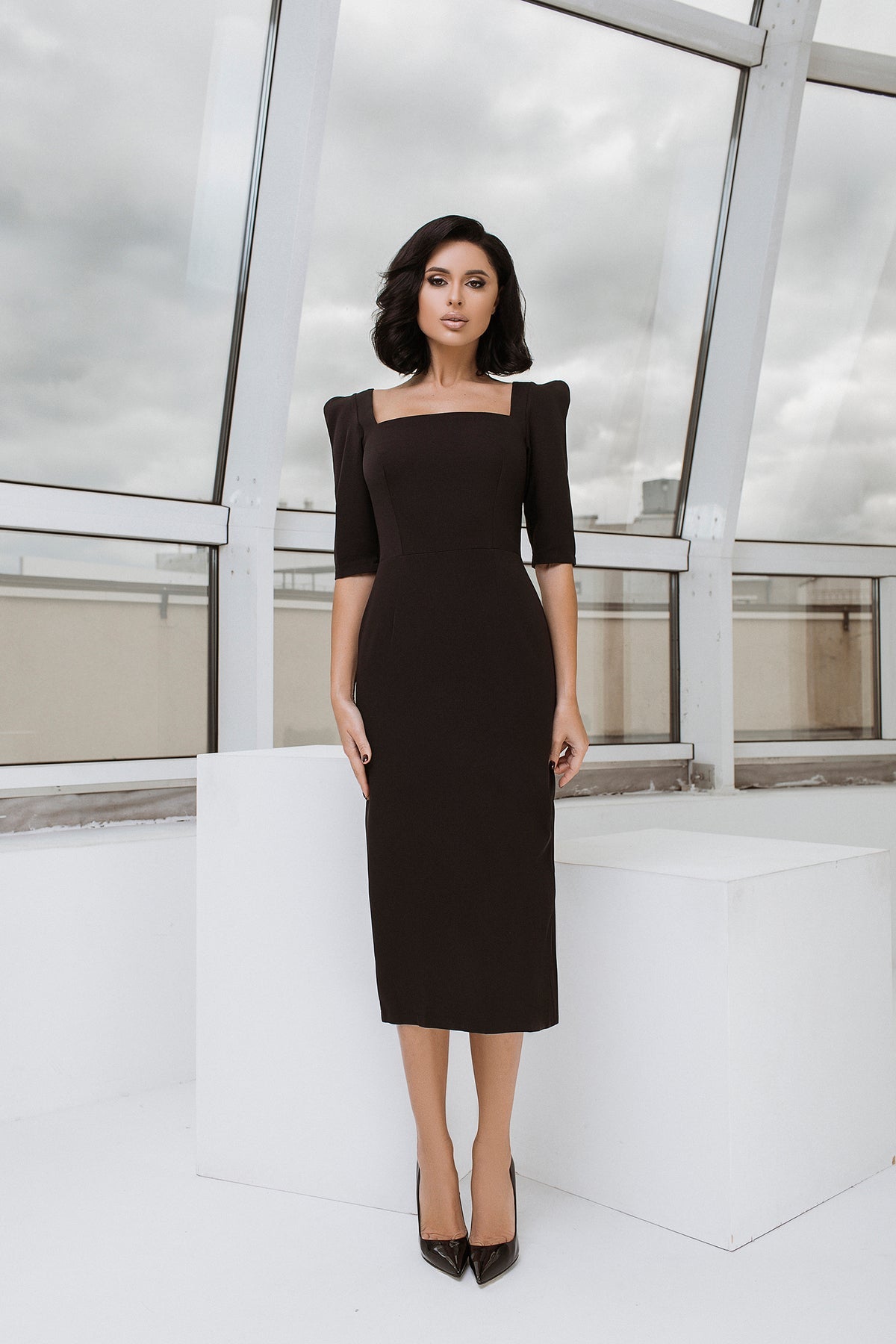 Francesca Black Square Neckline Crepe Midi Dress