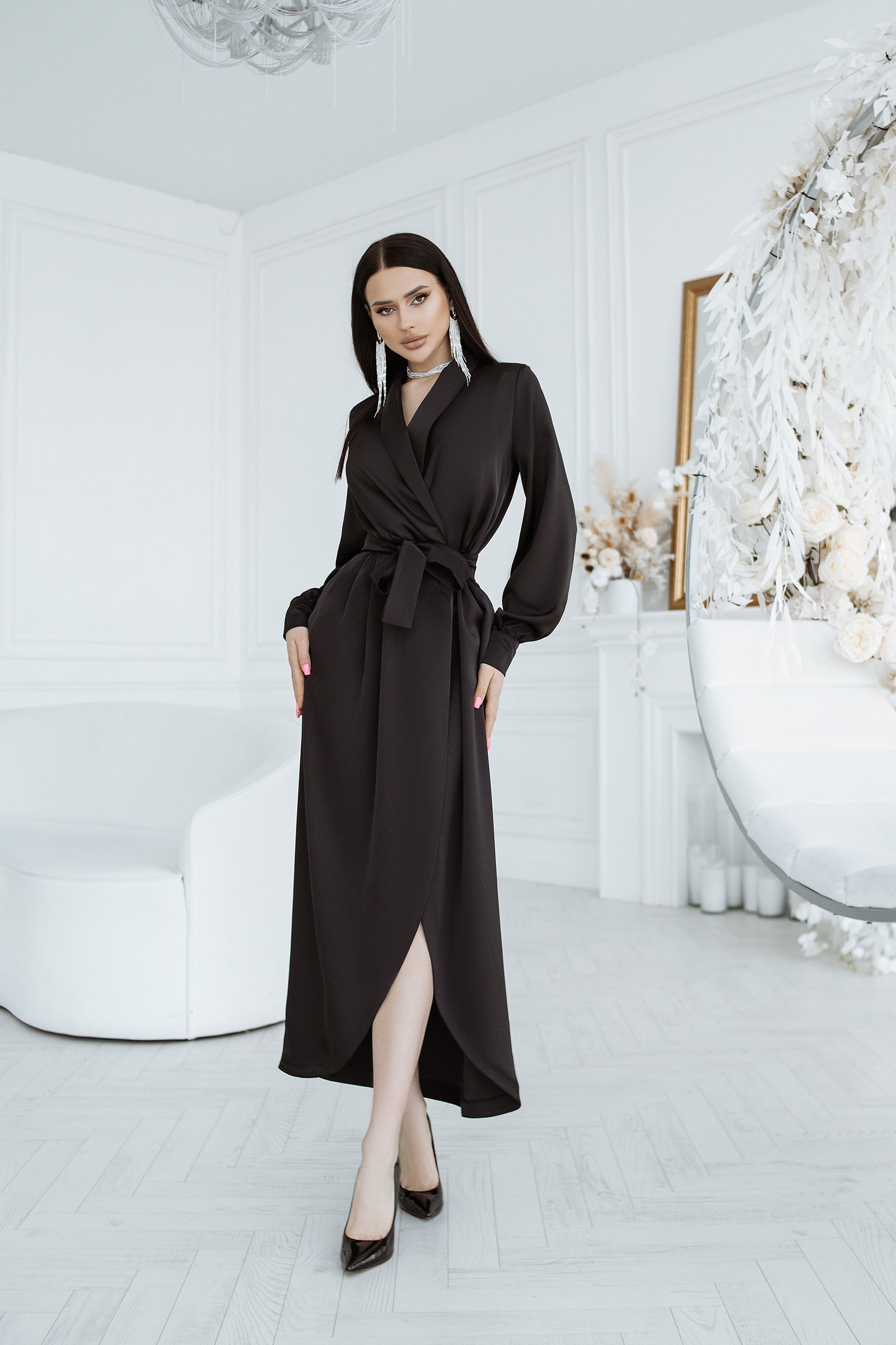 Adriana Black Satin Puff Sleeve Wrap Midi Dress