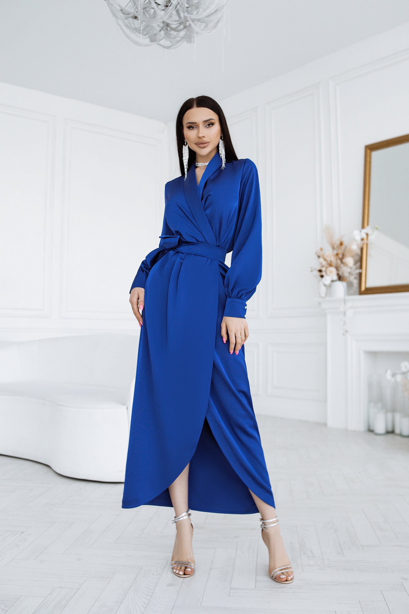 Adriana Blue Puff Sleeve Satin Wrap Midi Dress