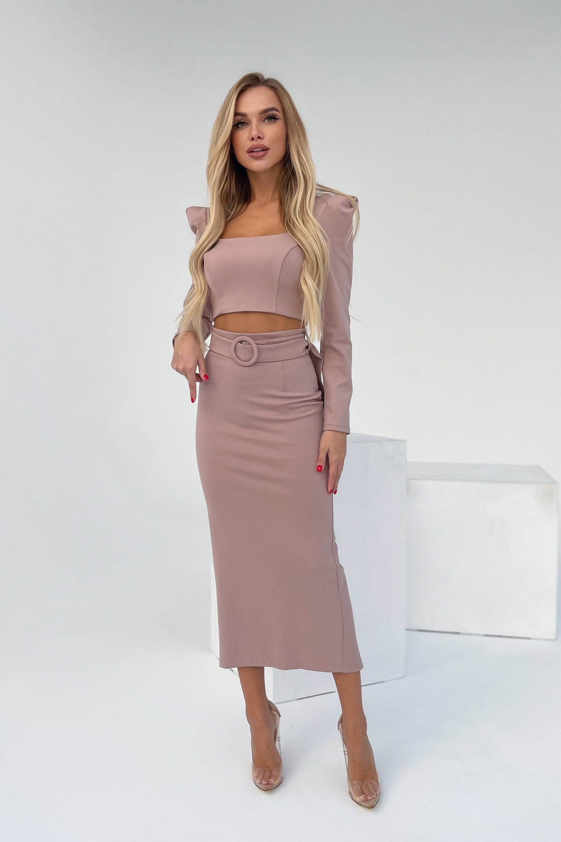 Adriana Beige Long Sleeve Top & Maxi Skirt Two-Piece Set