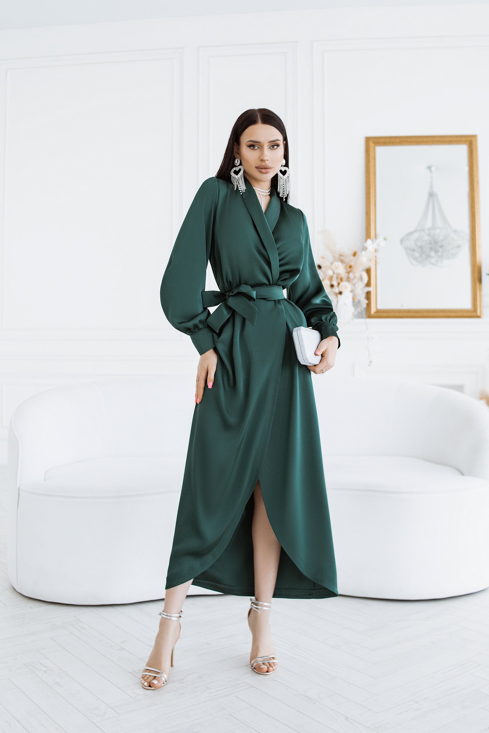 Adriana Emerald Puff Sleeve Satin Wrap Midi Dress