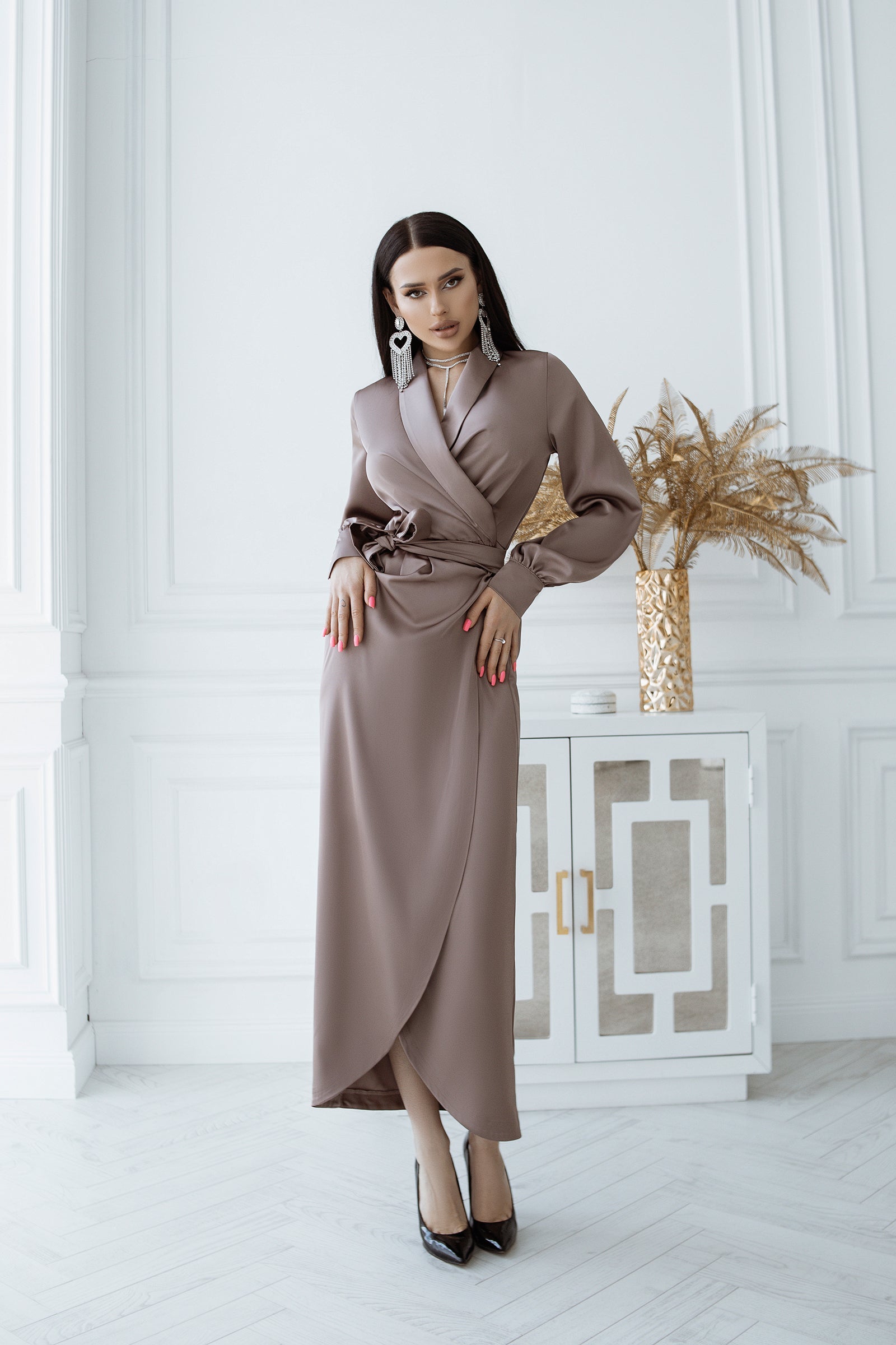 Adriana Mocha Puff Sleeve Satin Wrap Midi Dress