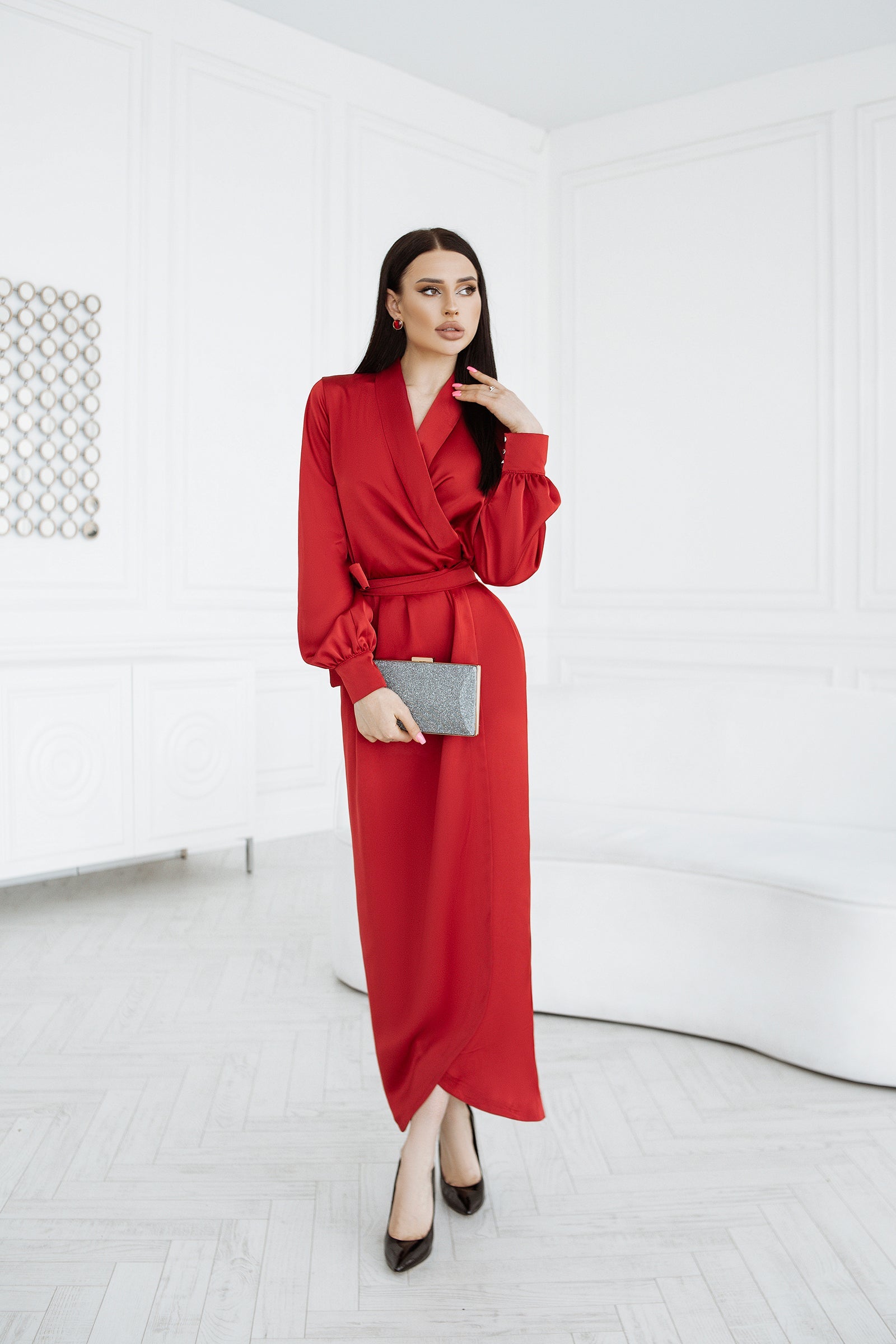 Adriana Red Puff Sleeve Satin Wrap Midi Dress