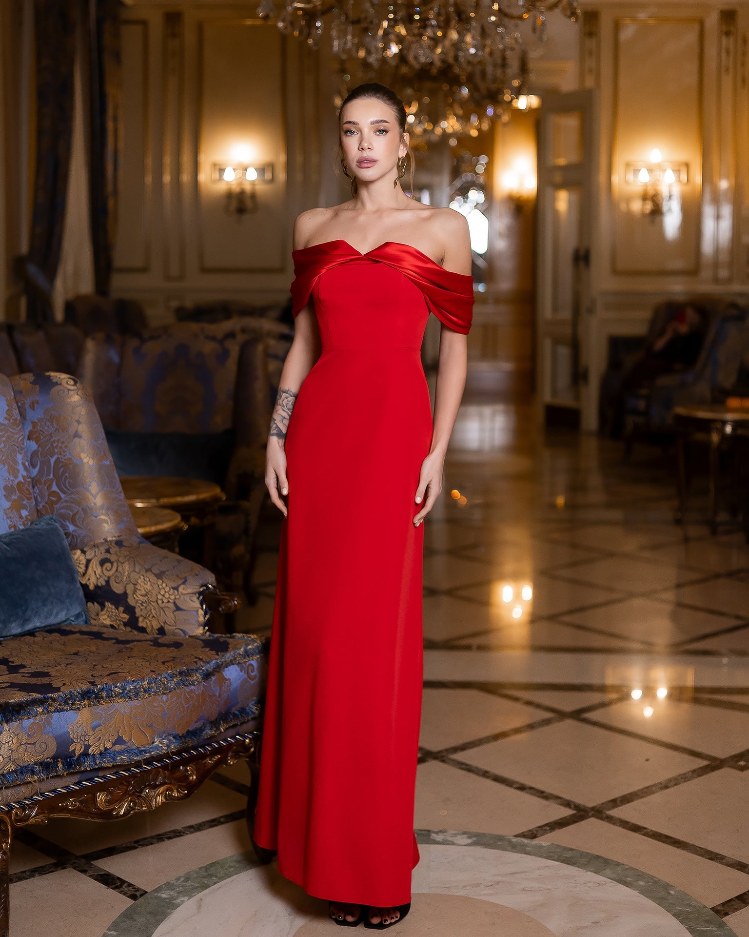 Aurora Red Off-the-Shoulder Satin-Insert Draped Maxi Dress