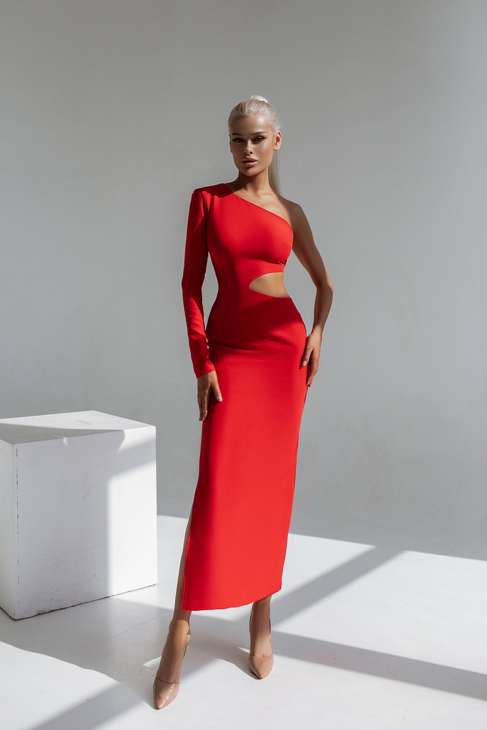 Aurora Red One-Shoulder Cut-Out Crepe Midi Dress