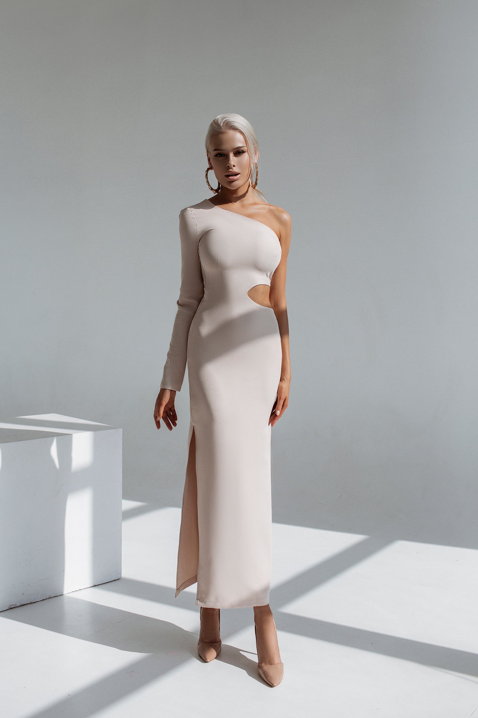 Aurora Beige One-Shoulder Cut-Out Crepe Midi Dress