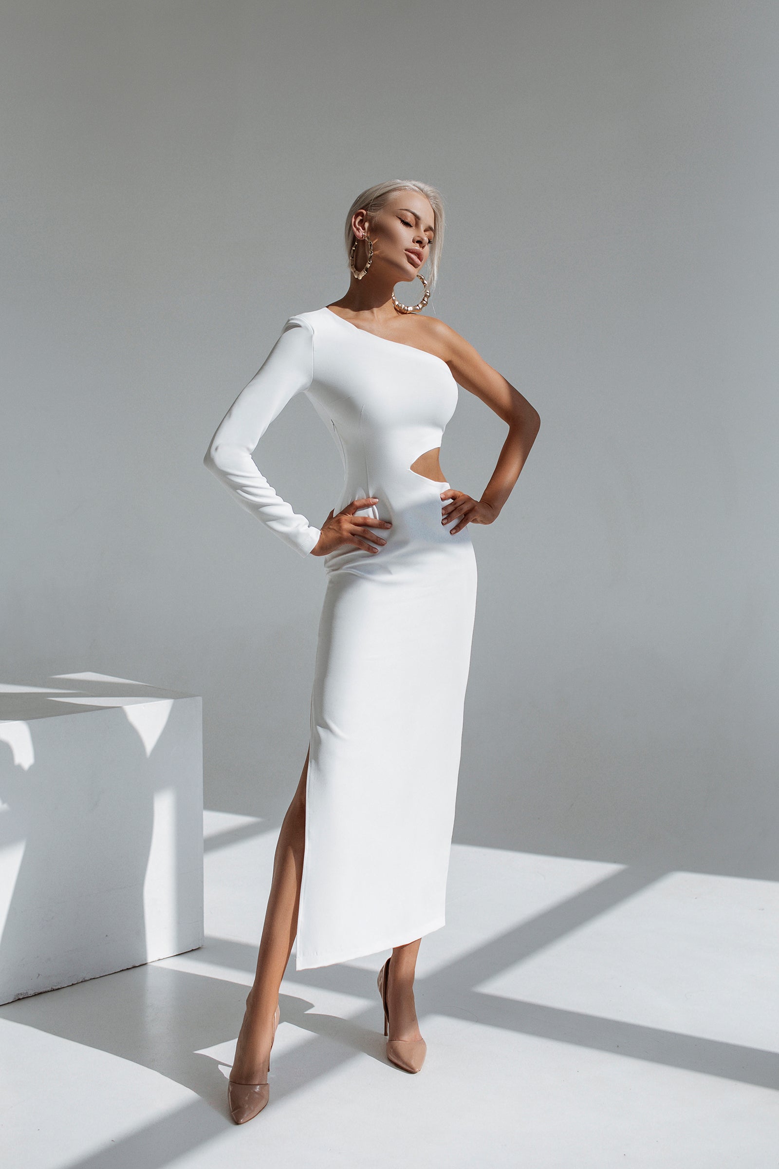 Aurora White One-Shoulder Cut-Out Crepe Midi Dress