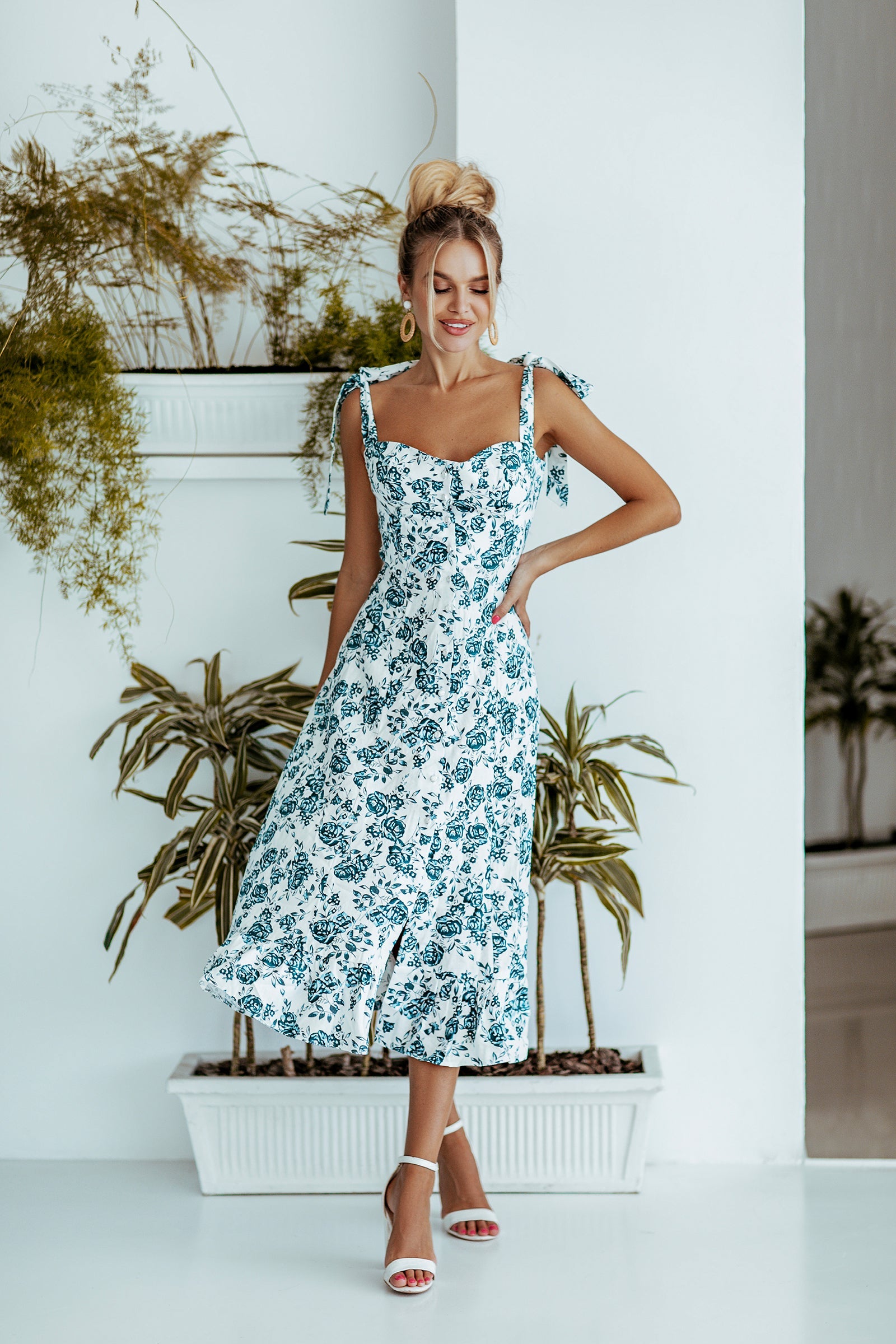 Fiamma Green Floral Bow Shoulder Linen Midi Dress