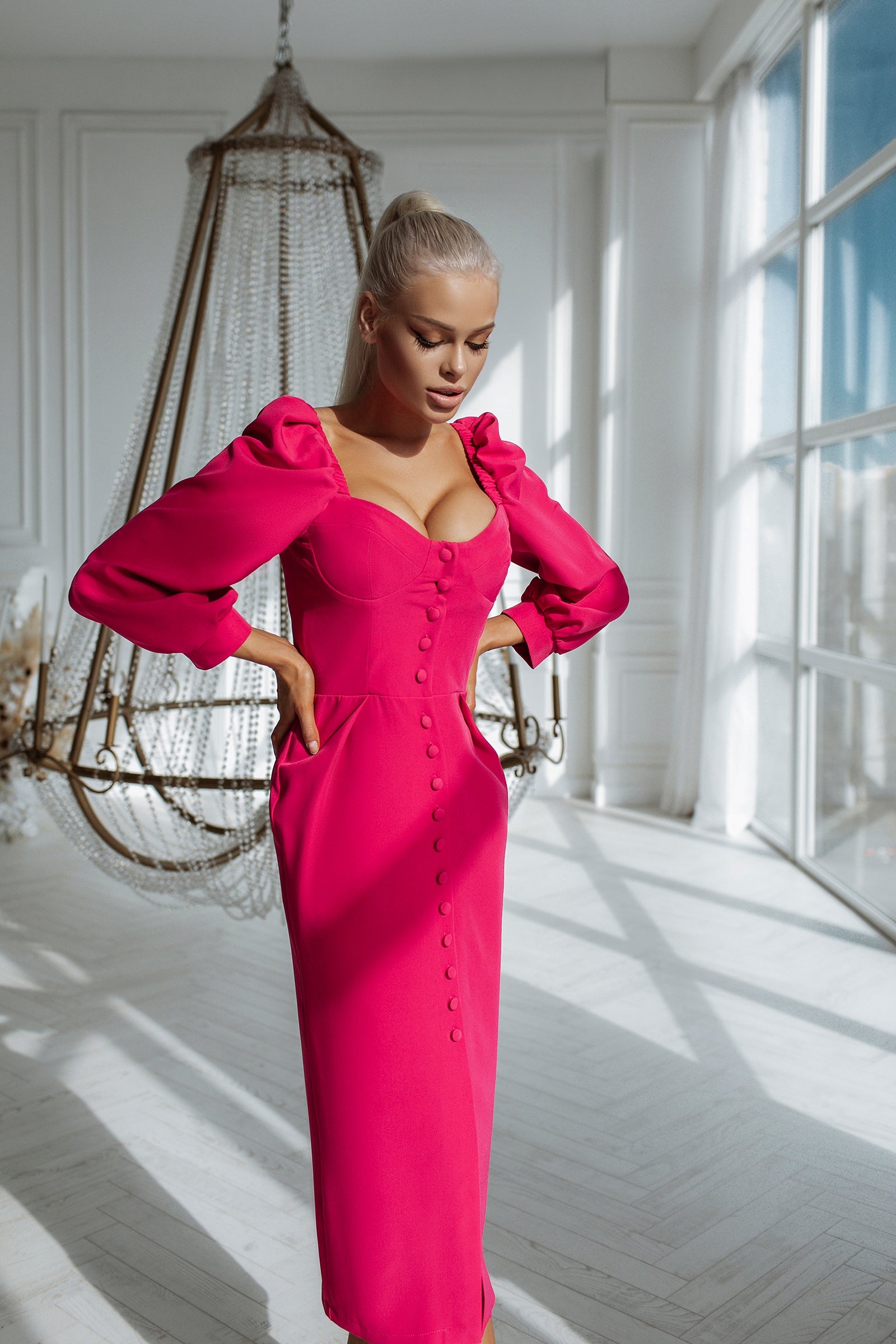 Aurora Crimson Sweetheart Puff-Sleeve Midi Dress