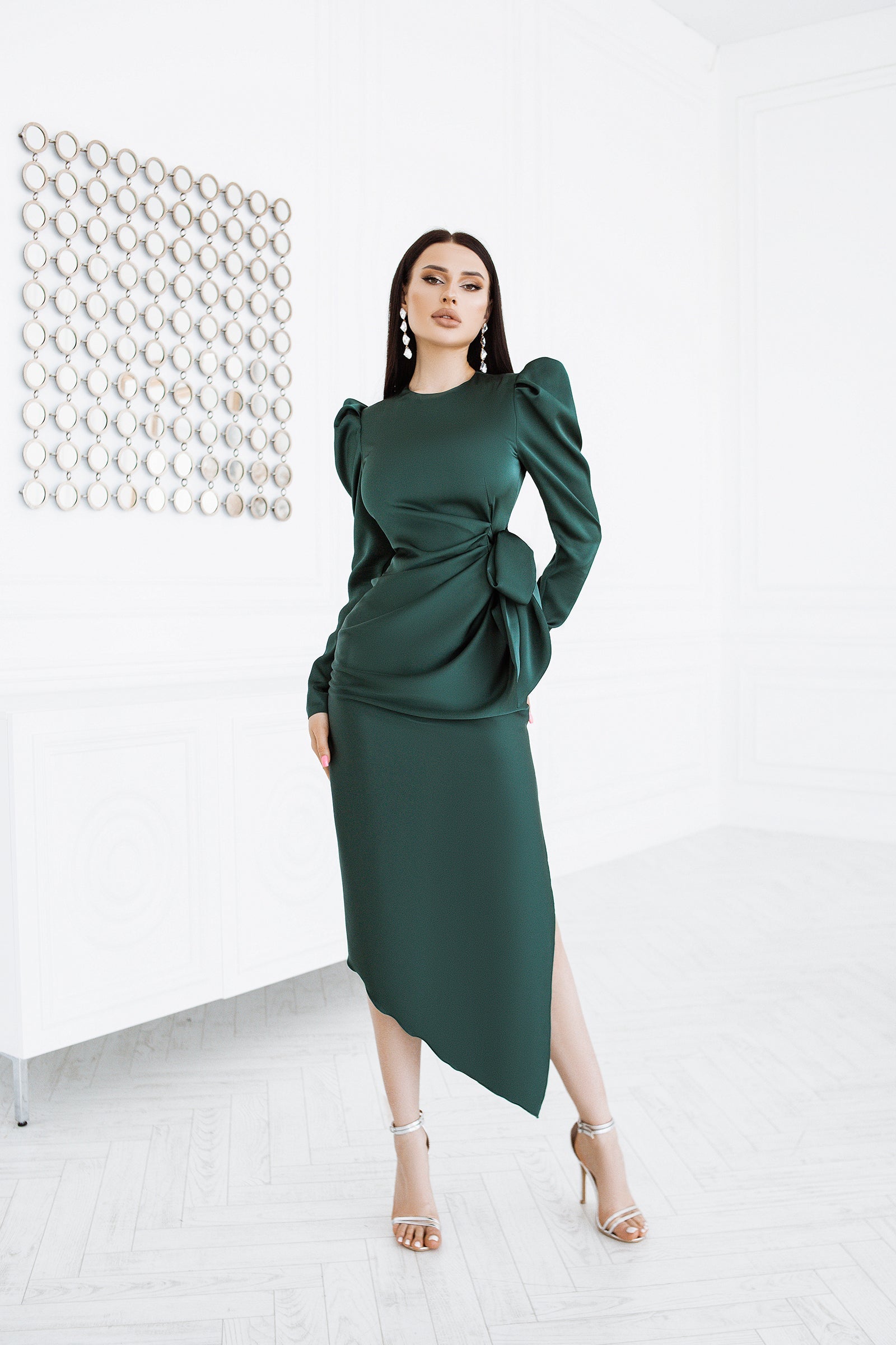 Beatrice Emerald Puff Sleeve Wrap Midi Dress