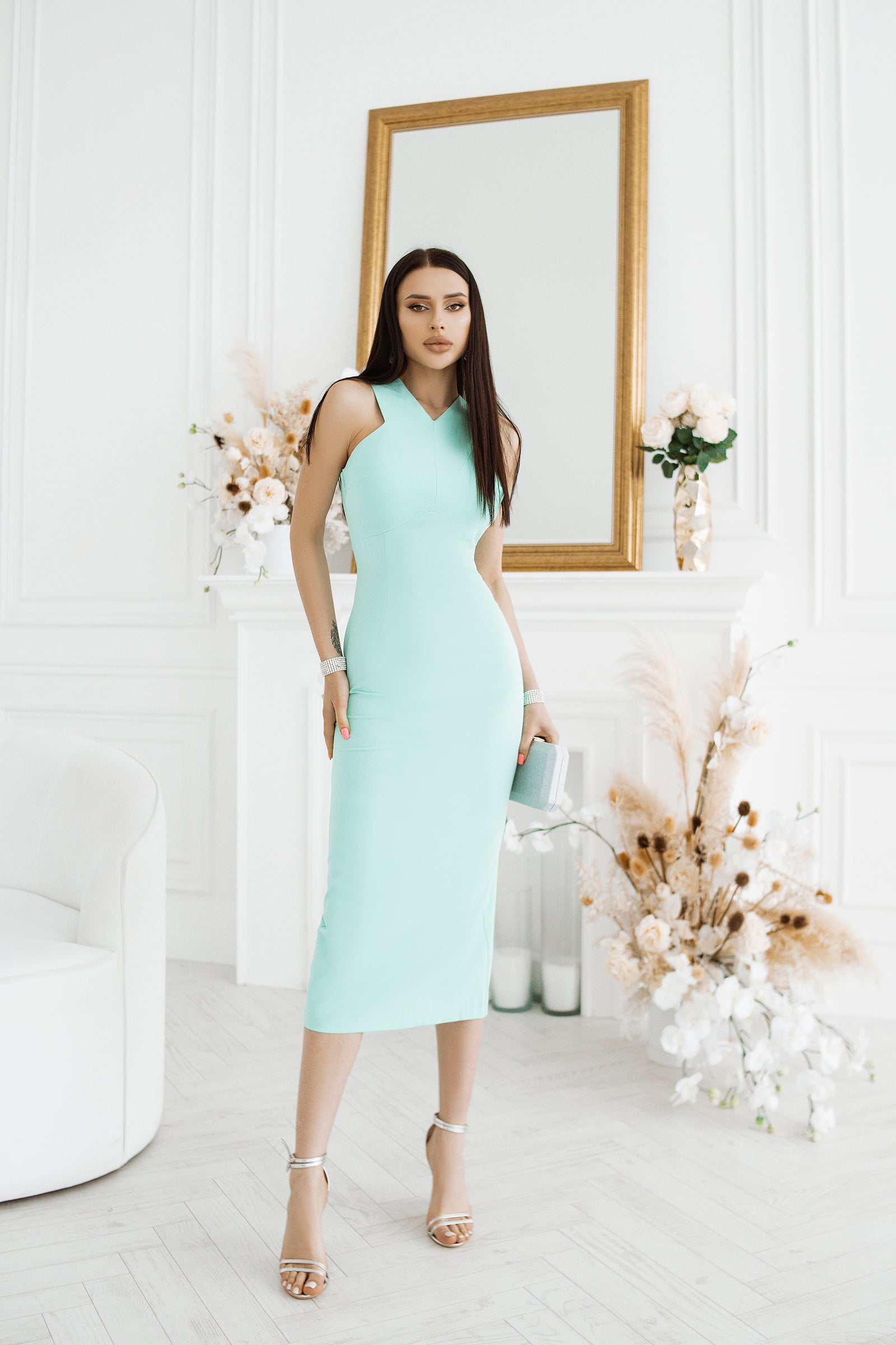 Beatrice Tiffany-Blue Sleeveless Crepe Diagonal Midi Dress