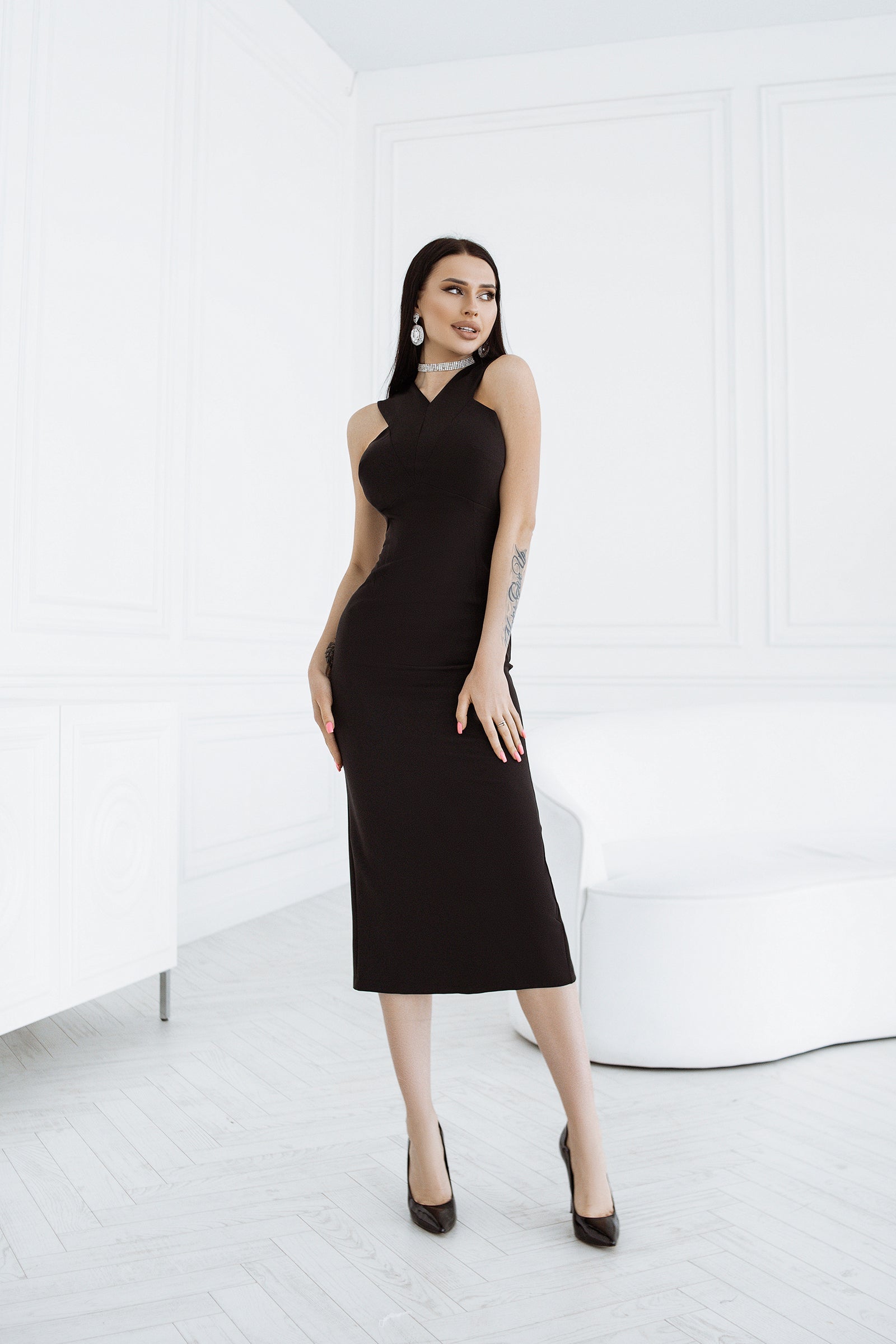 Beatrice Black Sleeveless Crepe Diagonal Midi Dress