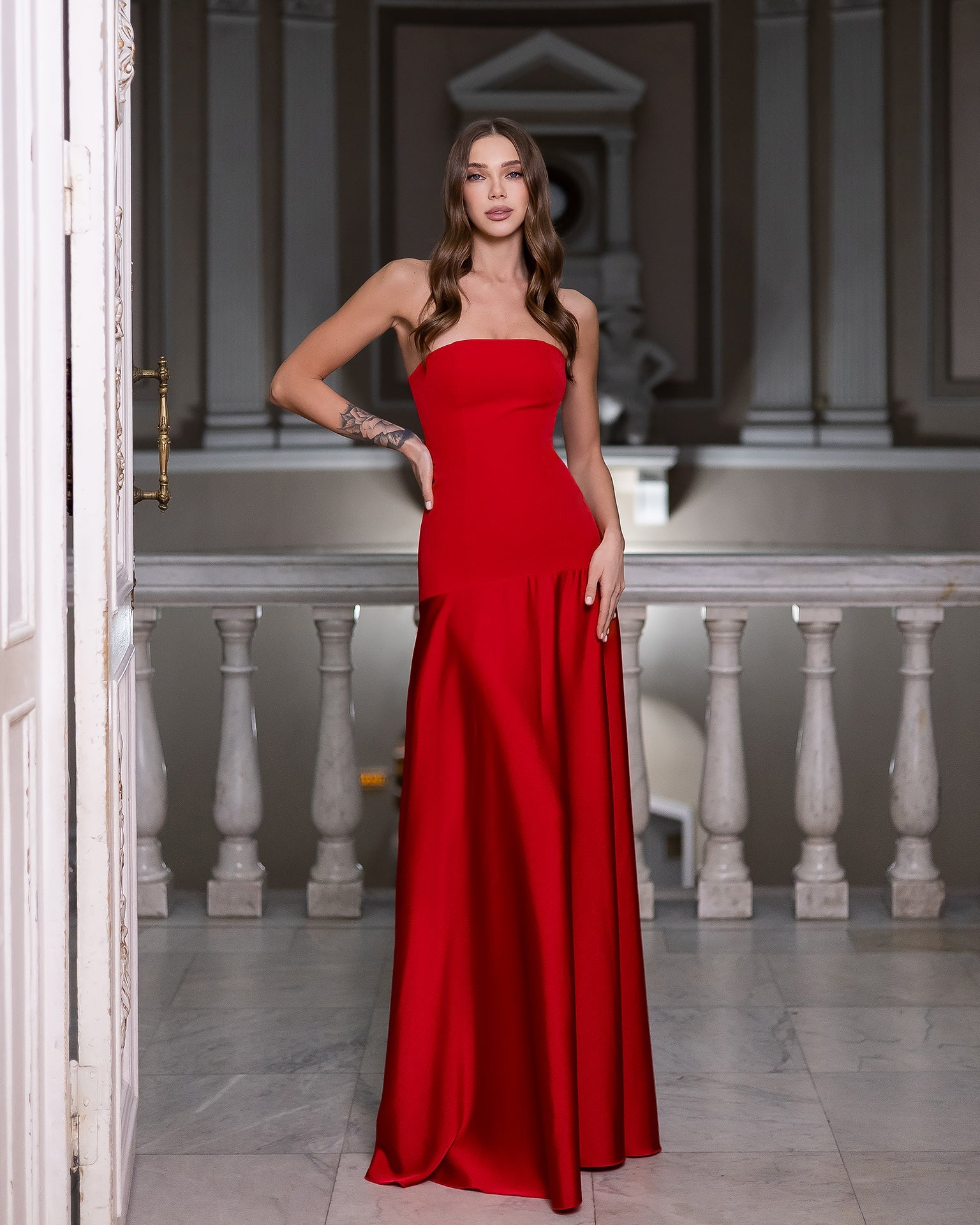 Giulia Red Satin Strapless Straight-Neck Maxi Dress