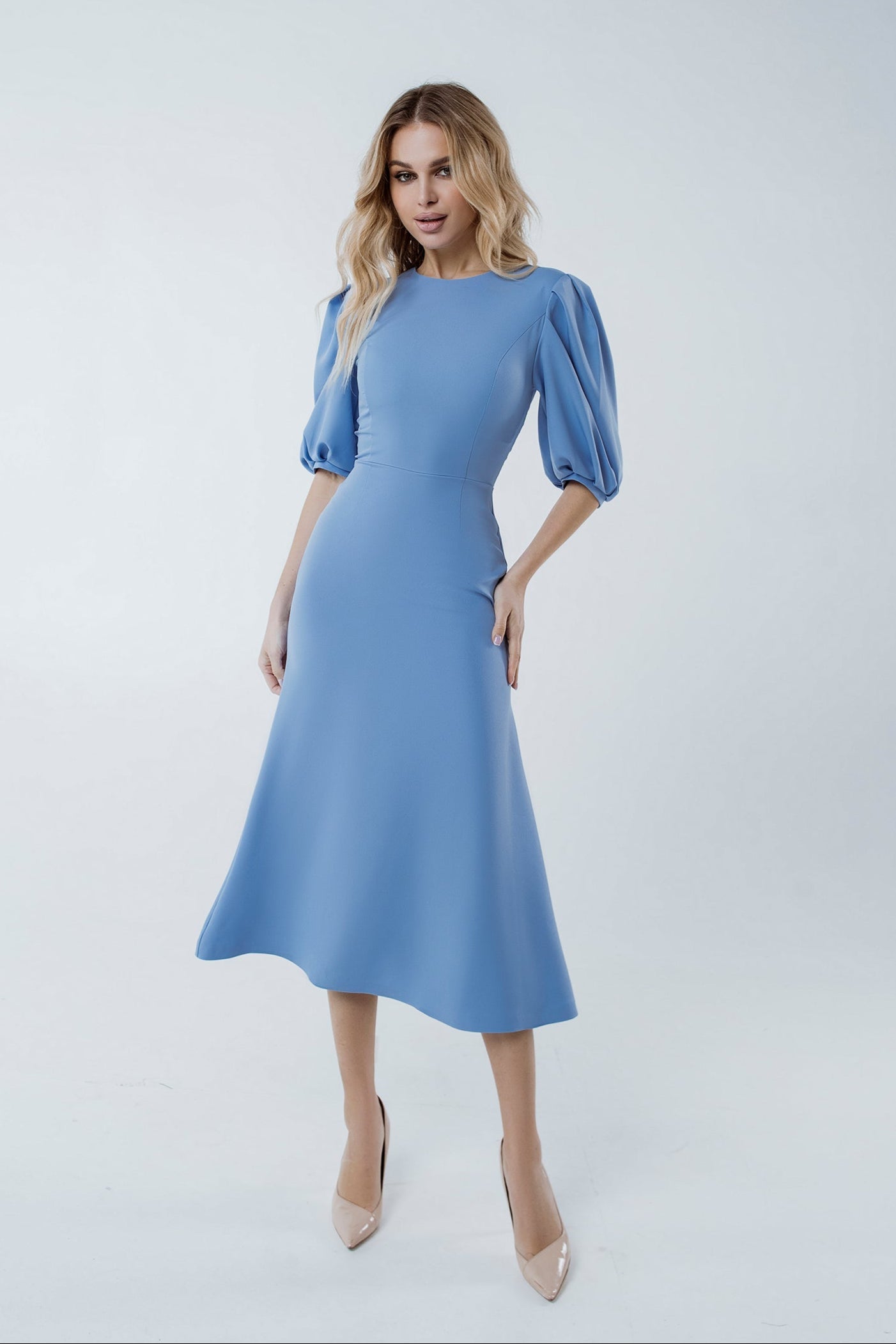 Camilla Sky-Blue Puff Sleeve Midi Dress