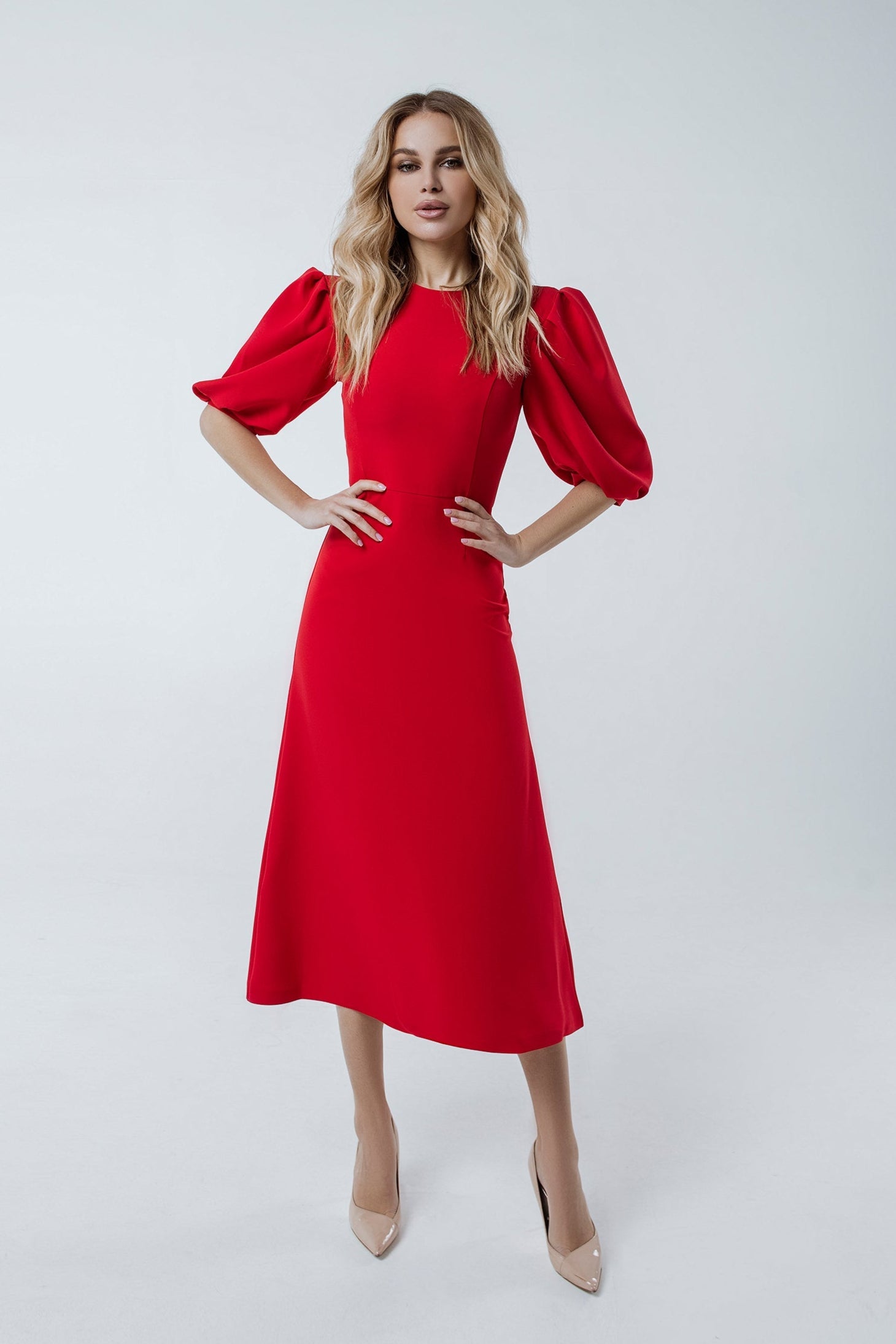 Camilla Red Puff Sleeve Midi Dress