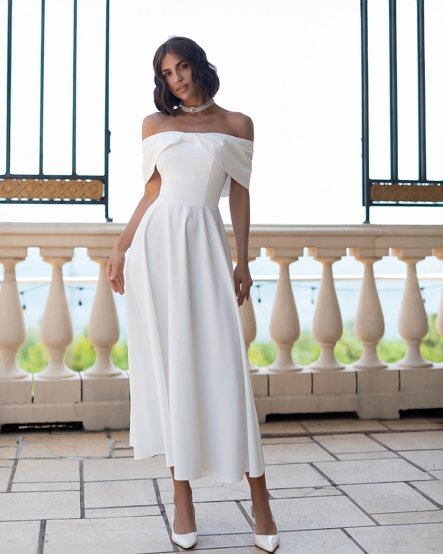 Adriana White Off-Shoulder Draped-Bow Midi Dress
