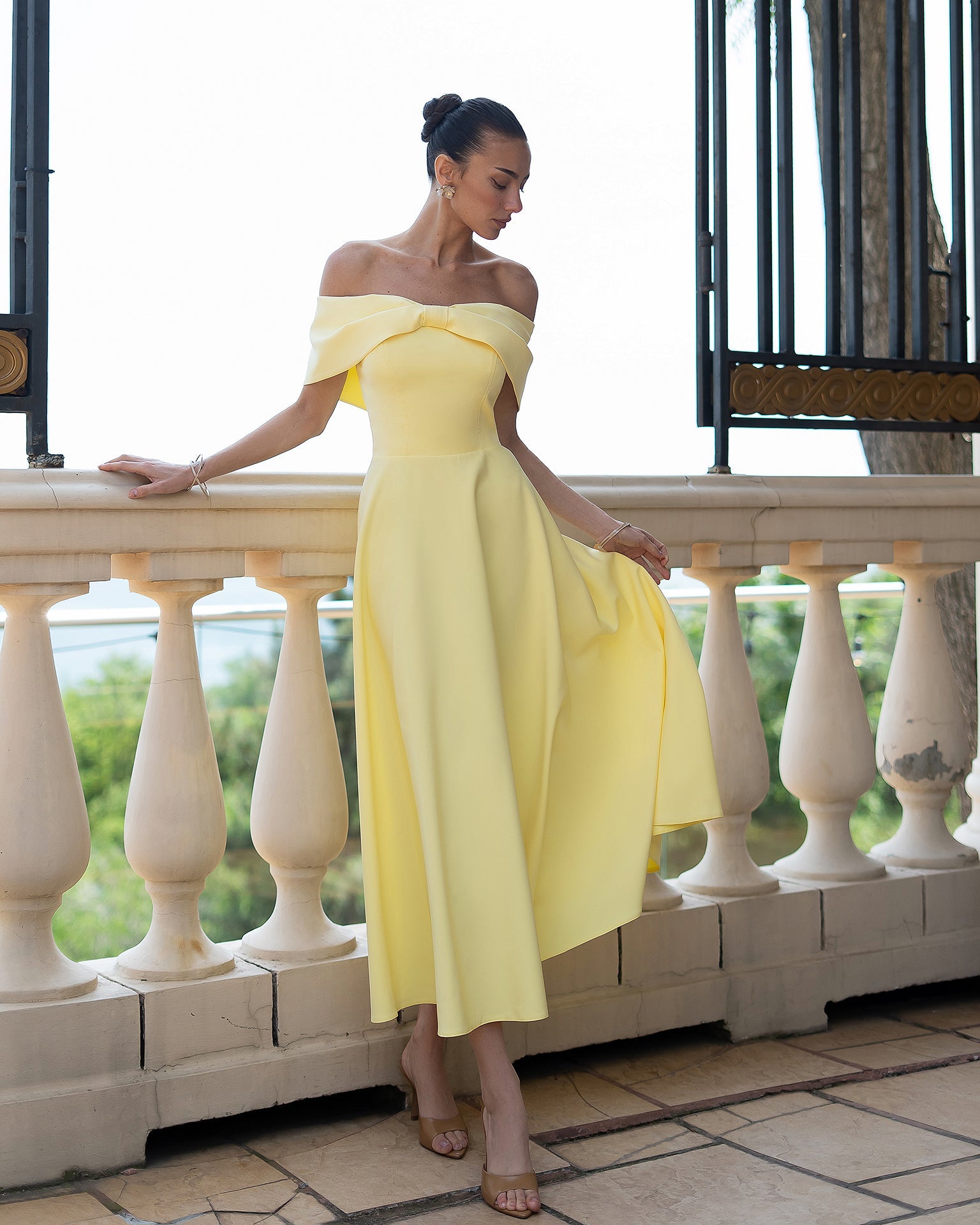 Adriana Yellow Off-Shoulder Draped-Bow Midi Dress