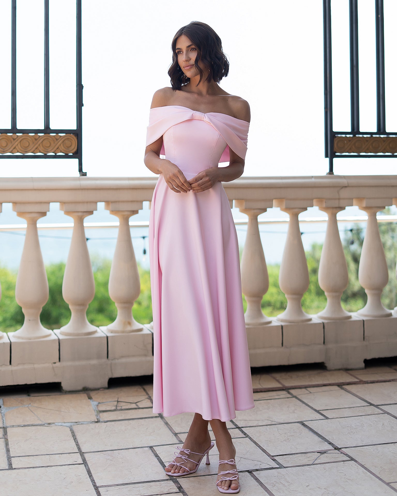 Adriana Dusty Pink Off-Shoulder Draped-Bow Midi Dress