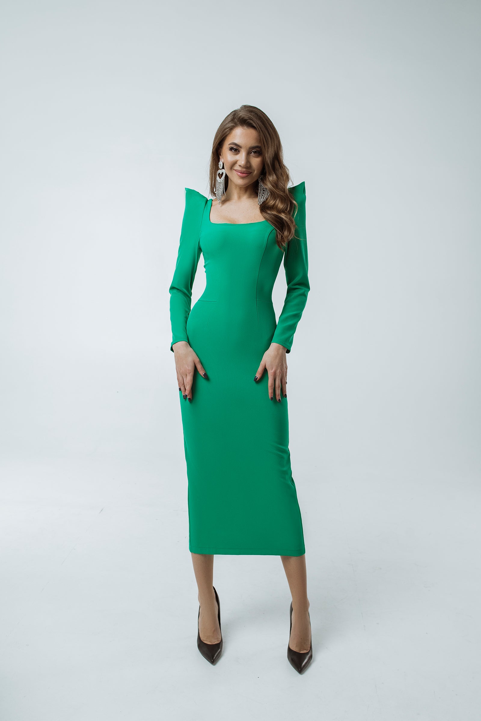 Camilla Green Square Neck Long Sleeve Midi Dress