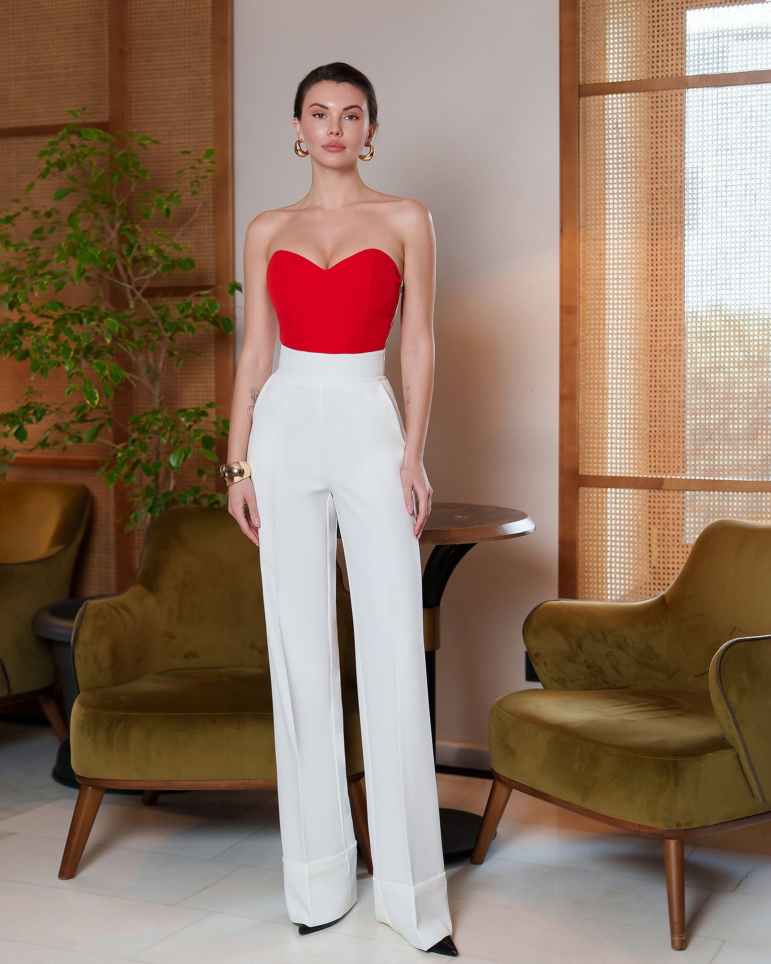 Ginevra White High-Waist Wide-Leg Cuffed Hem Crepe Pants