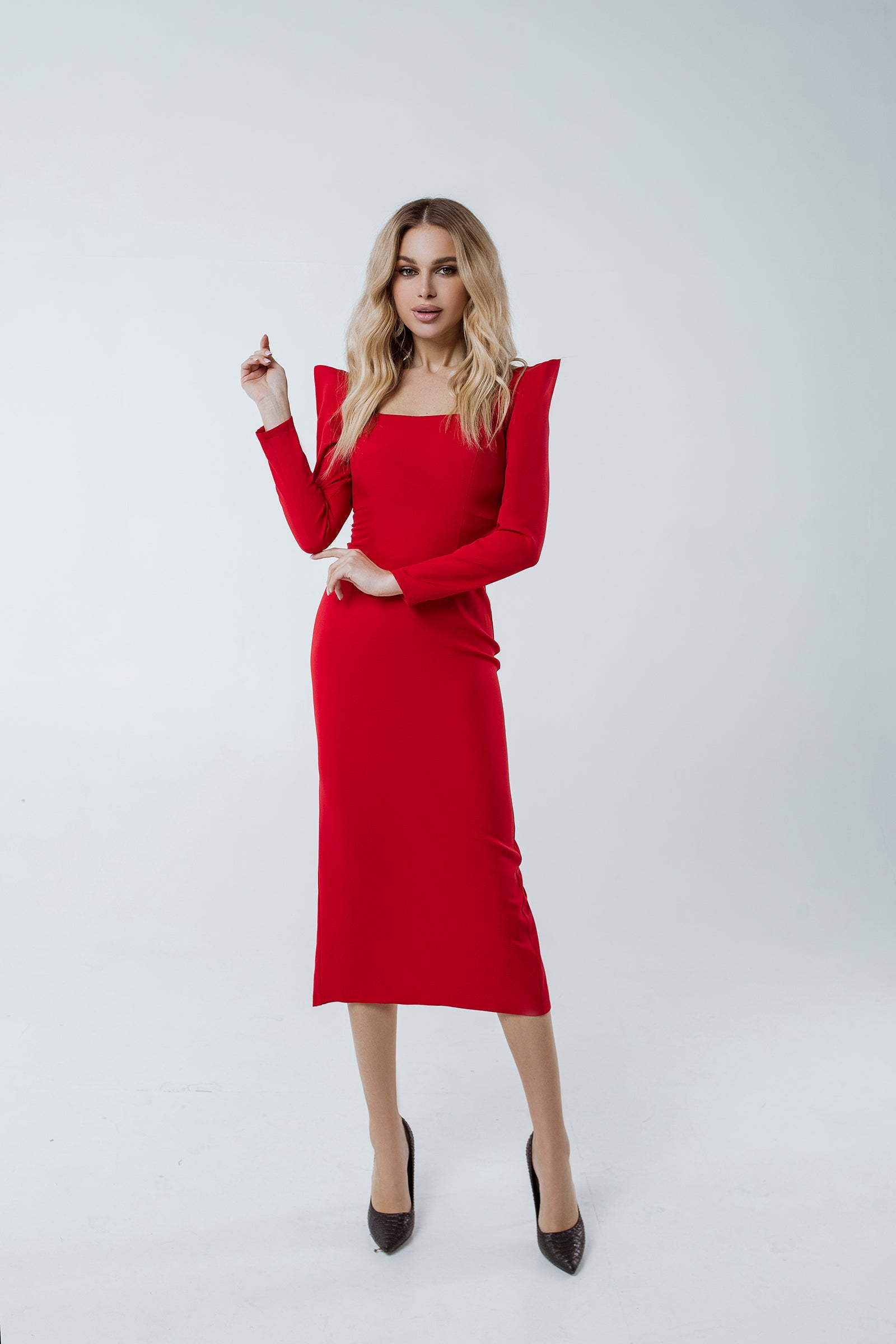 Camilla Red Square Neck Long Sleeve Midi Dress
