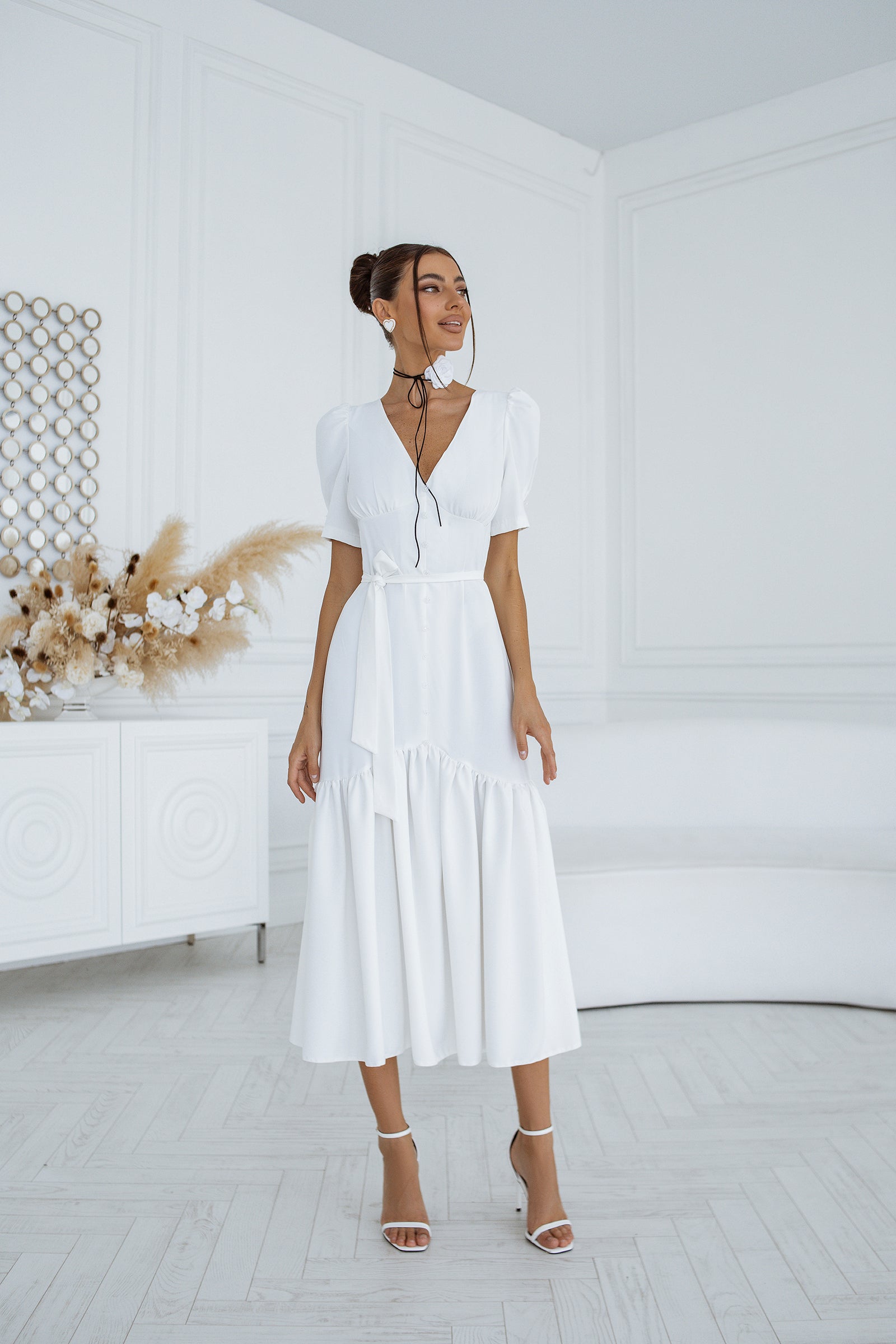 Aurora White Puff-Sleeve Belted Crepe Midi Dress