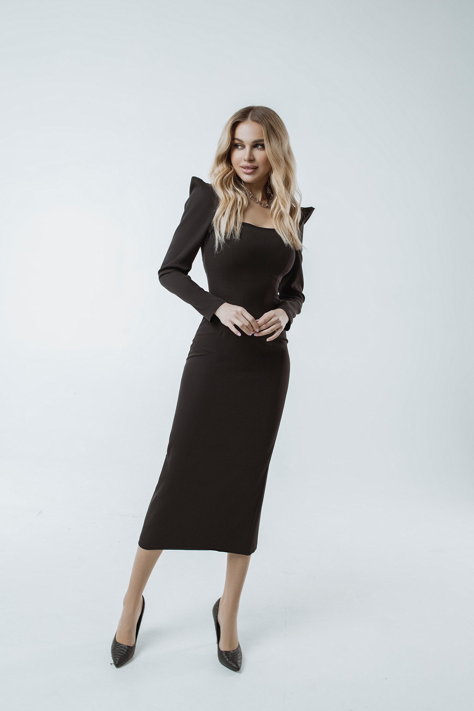 Camilla Black Square Neck Long Sleeve Midi Dress