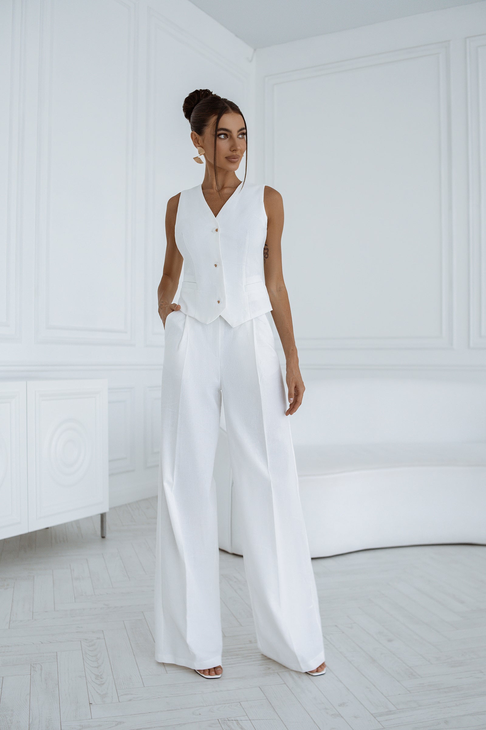 Mirella White Formal Linen Vest Two-Piece Palazzo Pants