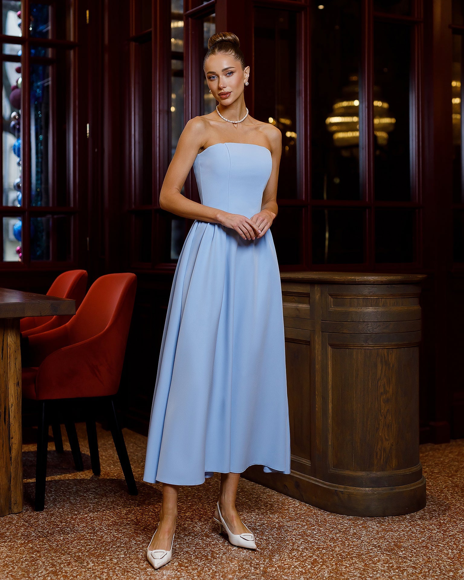 Beatrice Sky-Blue Strapless Corseted Midi Dress